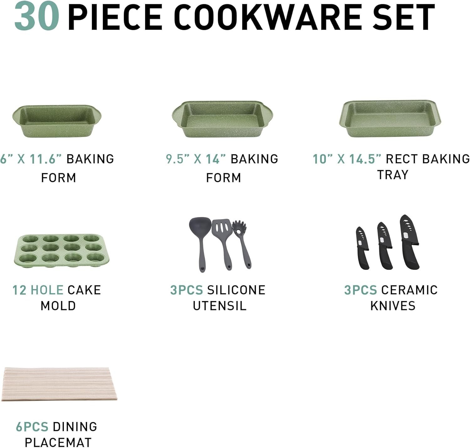 MAISON ARTS 30 Piece Pots and Pans Set Non Stick, Kitchen Cookware & Bakeware Sets with Nonstick Granite Coating, Baking Tray, Frying Pan and Saucepan, Green - Image 4
