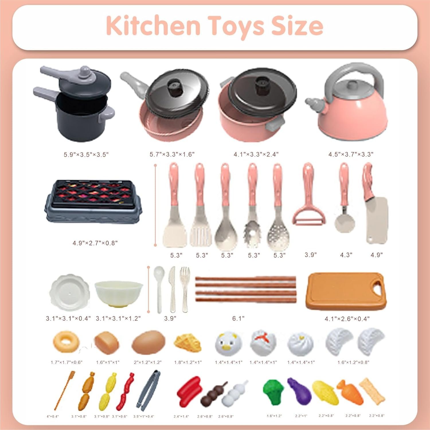 61Pcs Kids Kitchen Toy Accessories Set, Toddler Pretend BBQ Cooking Playset with Pots and Pans, Utensils Cookware, Cut Play Food Set, Toy Vegetables, Play Kitchen for Girls and Boys (Pink) - Image 4