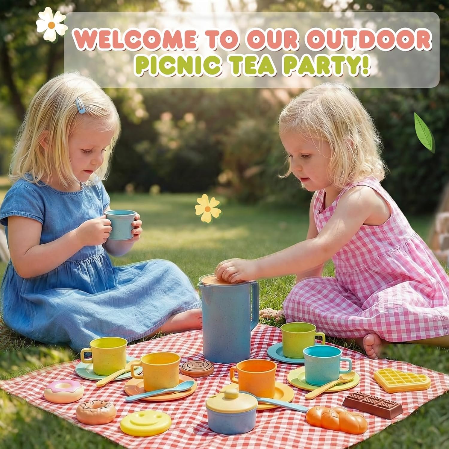 HERSITY Picnic Basket Toys for Toddlers, Kids Play Tea Sets with Teapot Tea Cup Dessert Food and Mat, Pretend Play Kitchen Accessories Tea Party Set Little Girl Boy 3 4 5 Years Old - Image 3