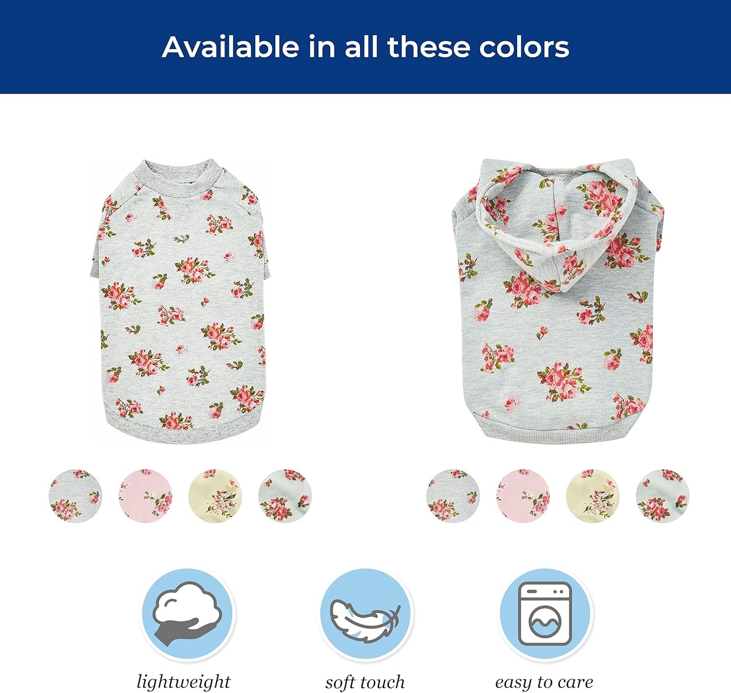 Blueberry Pet Floral Dog Hoodie, Rose Print Pullover Sweatshirt for Small Dogs, 10" Back Length, Lightweight Spring Outfit in Stylish Grey - Image 7