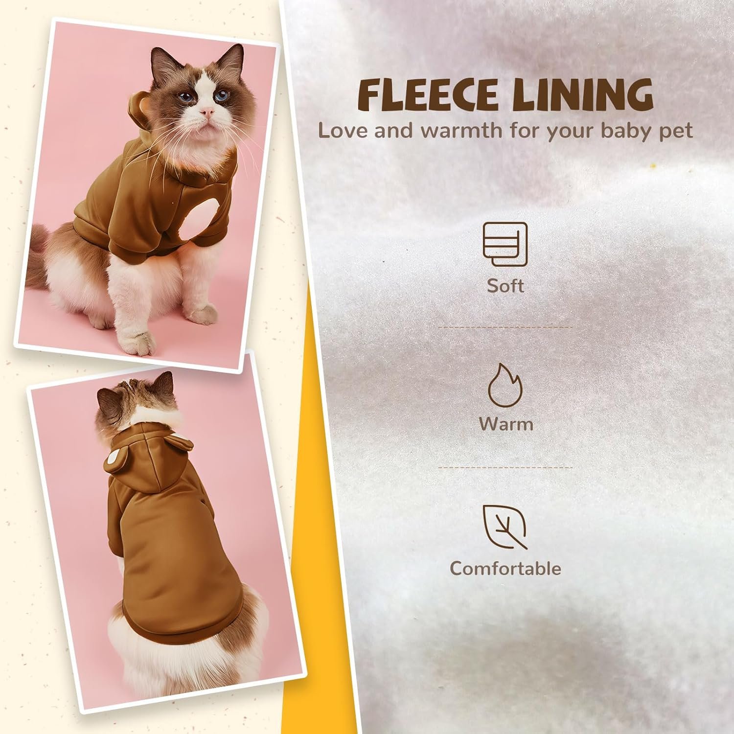 Small Dog Hoodie Soft Warm Fleece Fall Winter Dog Clothes Cute Puppy Sweaters Cat Coat Funny Blank Pullover Doggy Hooded Sweatshirts for Small Dogs Chihuahua Costumes Kitten Outfits(Brown,L) - Image 4