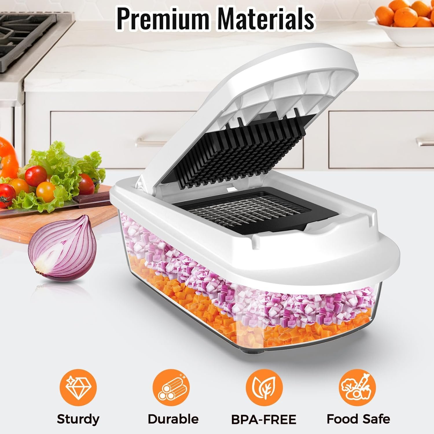 8 Blade All-in-1 Vegetable Chopper Mandoline Slicer with Container, Food Chopper, Onion Chopper, Veggie Cutter for Salad, Kitchen Gadgets Accessories Essentials, White - Image 3