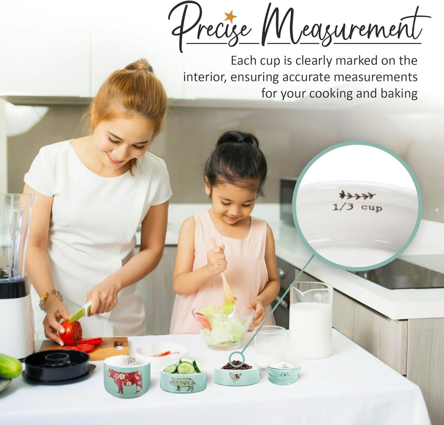 Pavilion Gift Company - 'Live Simply Bee, Chicken, Pig, and Cow' - 4-Piece Stoneware Measuring Cups Set, Sturdy Farmhouse-Style Kitchenware for Home Baking, Cooking, Gifting - Teal, 8 Ounces - Image 3