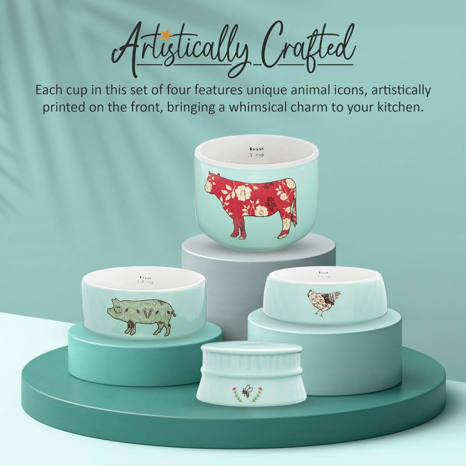 Pavilion Gift Company - 'Live Simply Bee, Chicken, Pig, and Cow' - 4-Piece Stoneware Measuring Cups Set, Sturdy Farmhouse-Style Kitchenware for Home Baking, Cooking, Gifting - Teal, 8 Ounces - Image 4