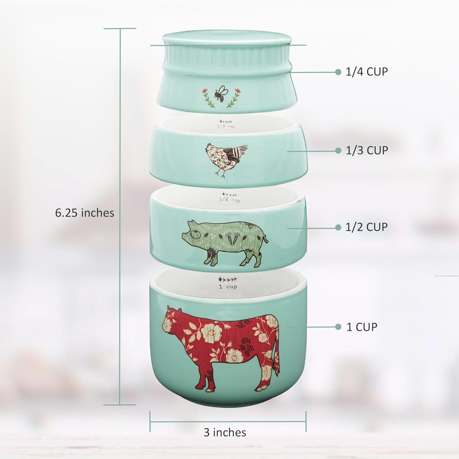 Pavilion Gift Company - 'Live Simply Bee, Chicken, Pig, and Cow' - 4-Piece Stoneware Measuring Cups Set, Sturdy Farmhouse-Style Kitchenware for Home Baking, Cooking, Gifting - Teal, 8 Ounces - Image 5