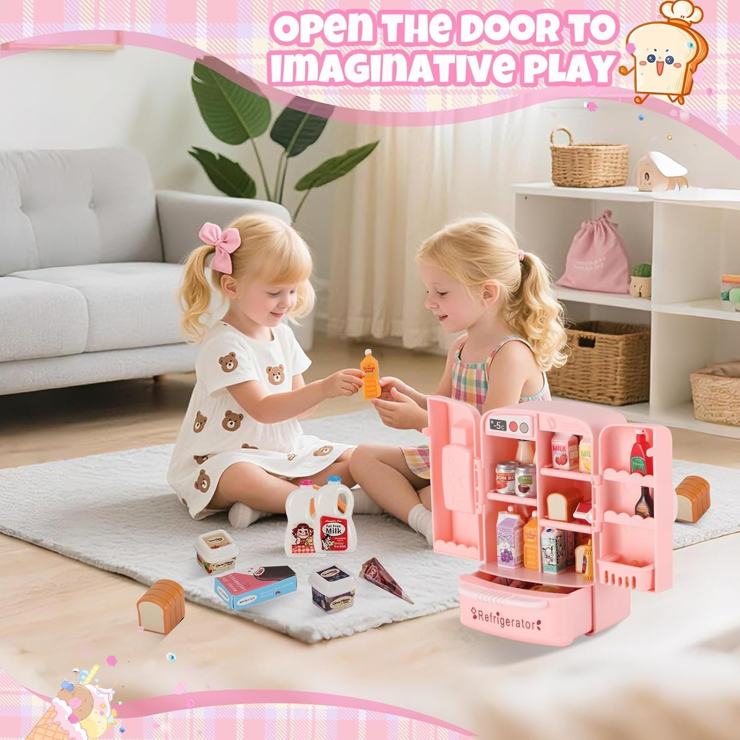 Mini Refrigerator Toy, Fill The Fridge with Ice Cream, Juice & 40+ Mini Food Toys for Dollhouse Accessories & Kitchen Playset. Realistic Refrigerator Play Gift for Kids. - Image 3