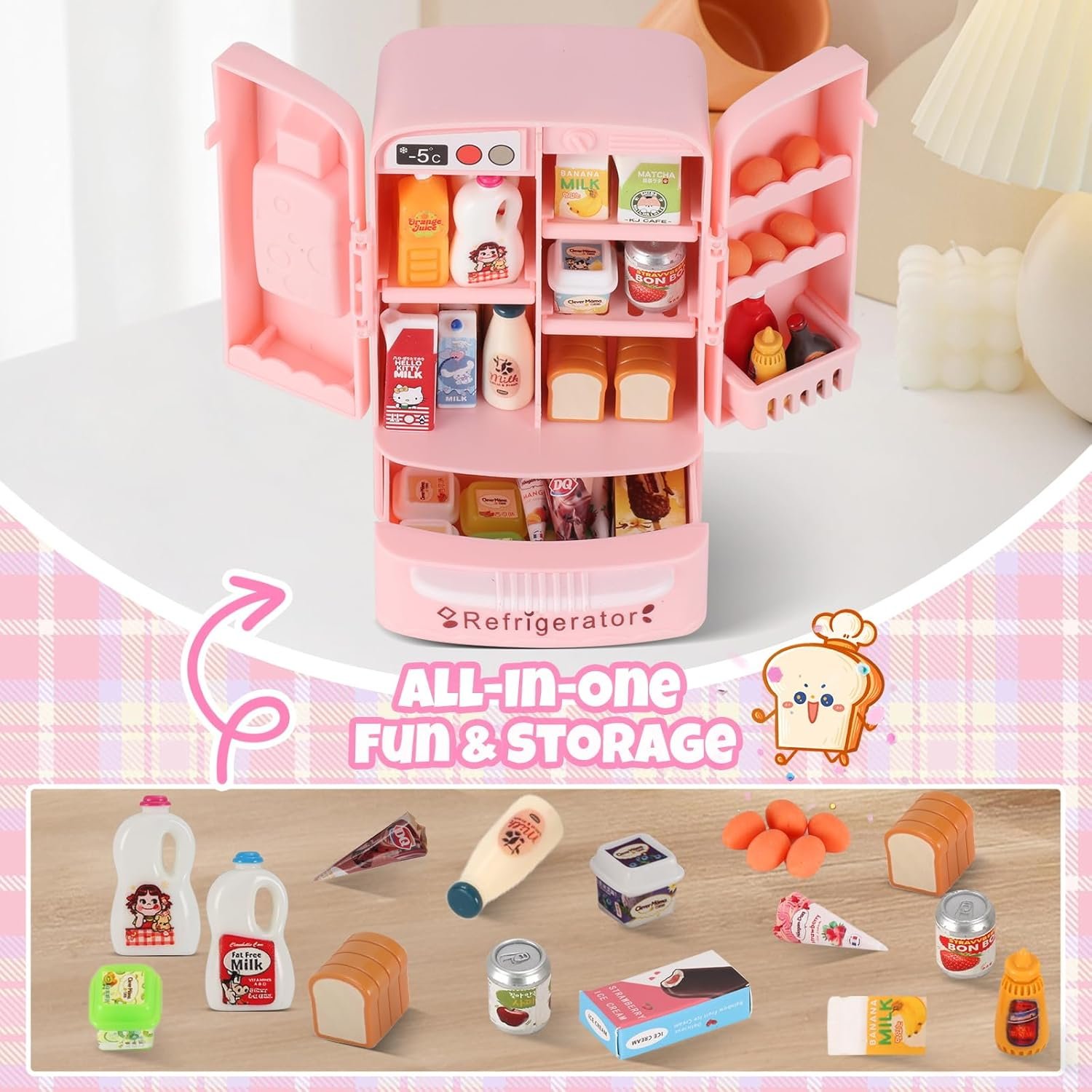 Mini Refrigerator Toy, Fill The Fridge with Ice Cream, Juice & 40+ Mini Food Toys for Dollhouse Accessories & Kitchen Playset. Realistic Refrigerator Play Gift for Kids. - Image 4