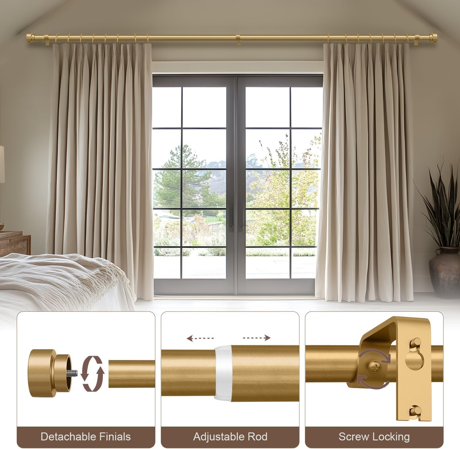 Modern Gold Curtain Rods for Windows 28 to 48 Inches Adjustable Length Heavy Duty 1" Diameter Window Curtain Rod with Decorative Finials for Outdoor Bedroom Kitchen Living Room - Image 3
