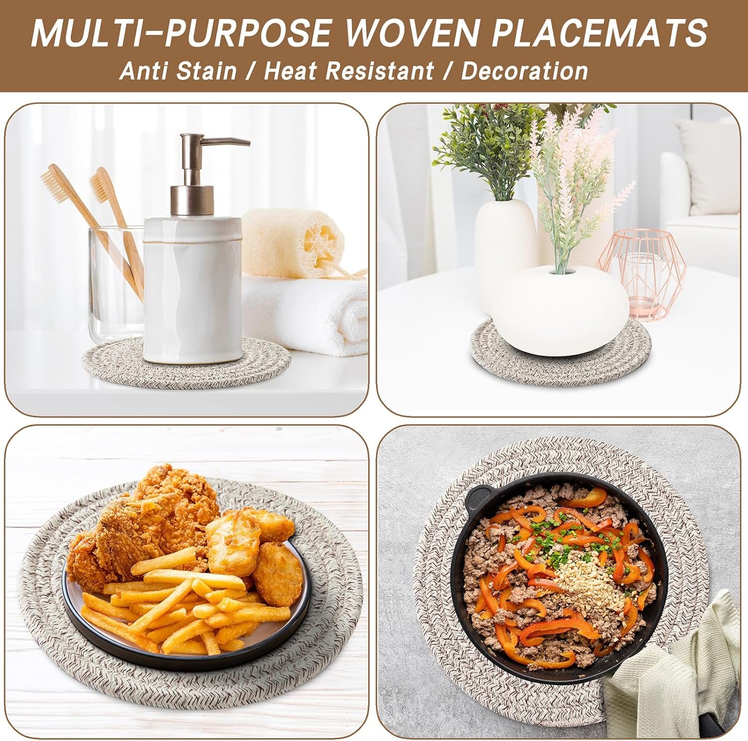 Coga 8" Trivets for Dishes, Pots and Pans, 6 Pack Heat Resistant Hot Pads, Pot Holders for Kitchen, Plate Mats for Table and Countertops, Farmhouse Decor Home Kitchen Essentials, Brown - Image 4