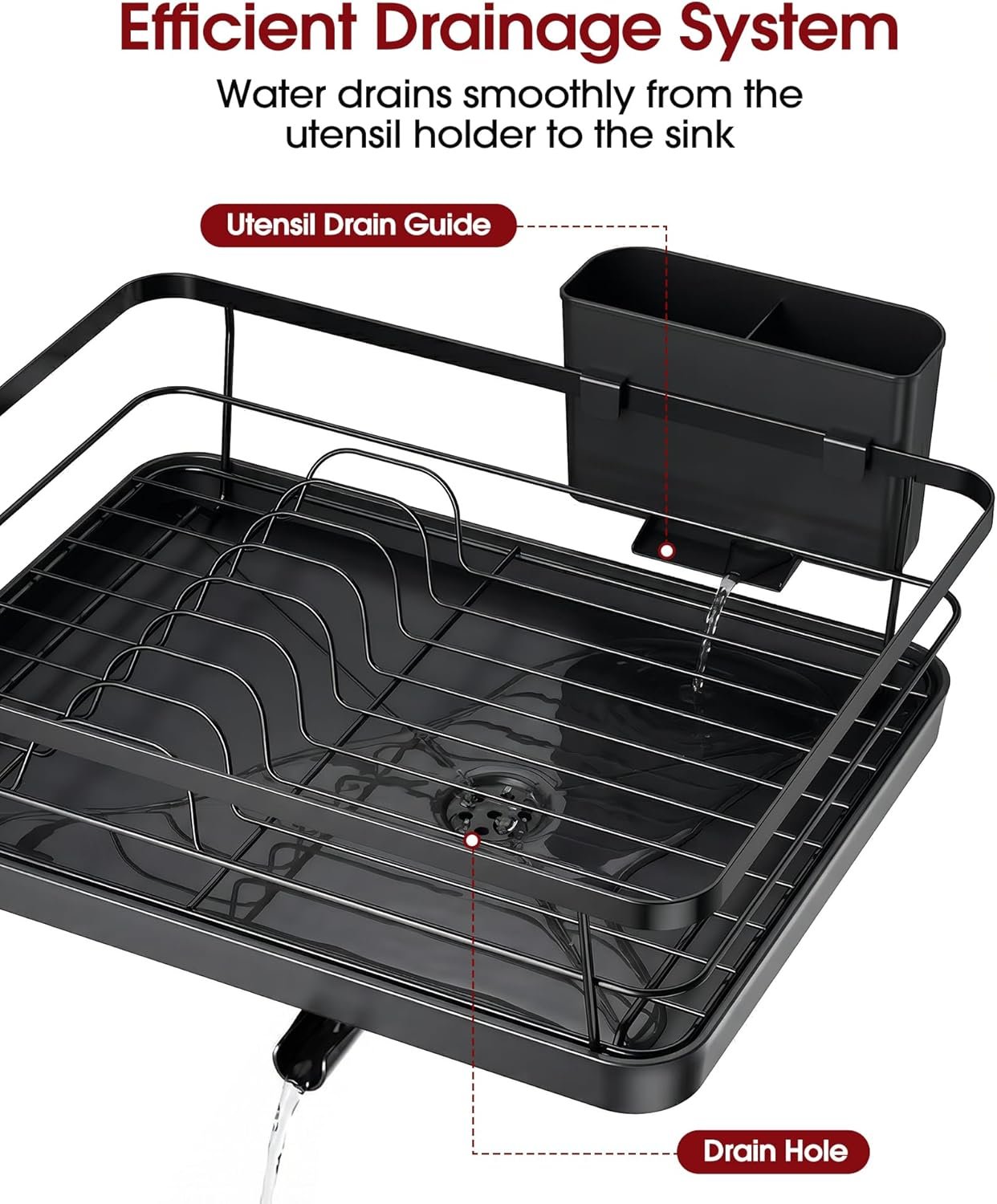 Stainless Steel Dish Drying Rack for Kitchen Counter, Sink Organization and Storage Essentials with Silverware & Utensil Holder, Home and Apartment Decor, 12''W x 15.5''L, Black - Image 3