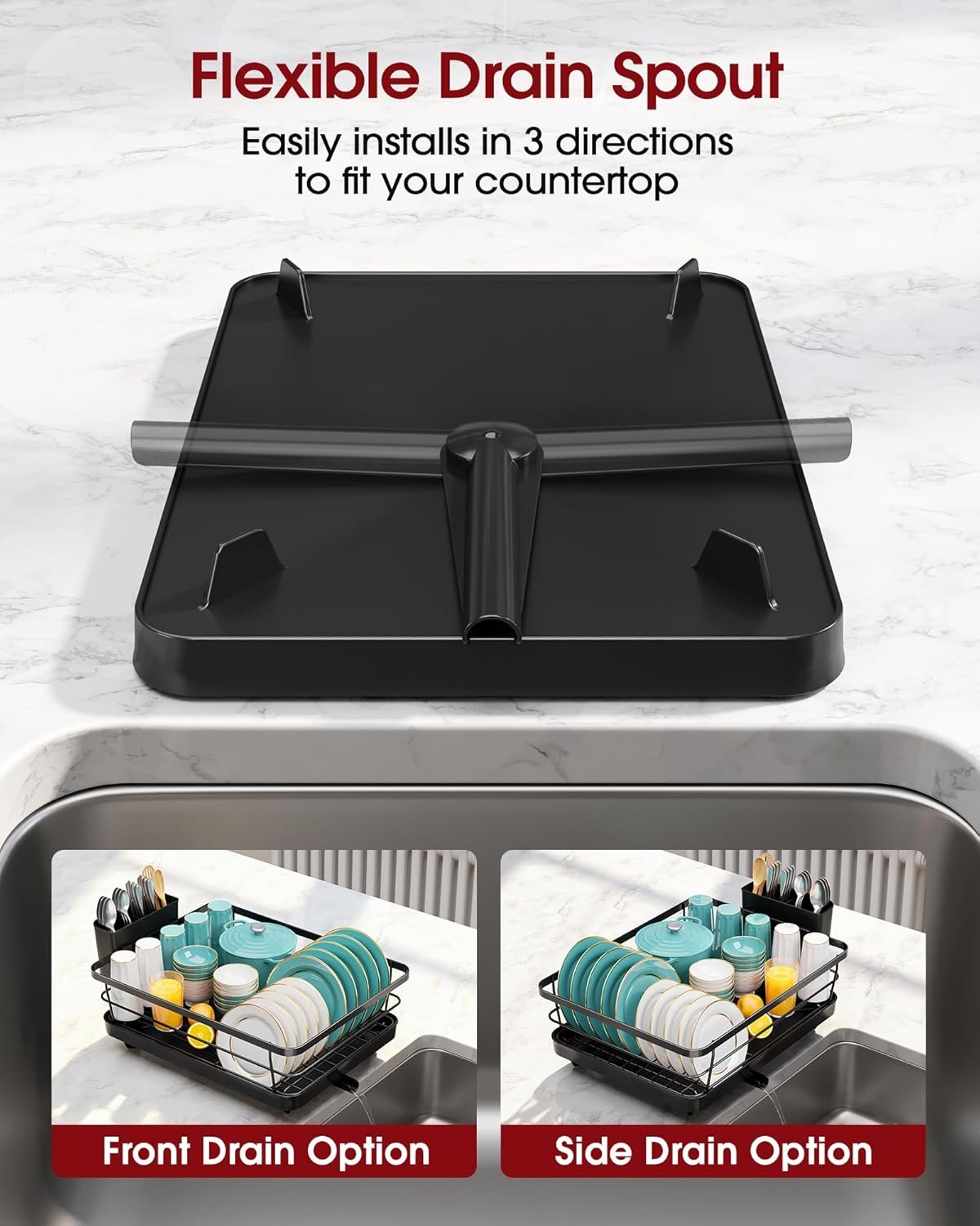 Stainless Steel Dish Drying Rack for Kitchen Counter, Sink Organization and Storage Essentials with Silverware & Utensil Holder, Home and Apartment Decor, 12''W x 15.5''L, Black - Image 4