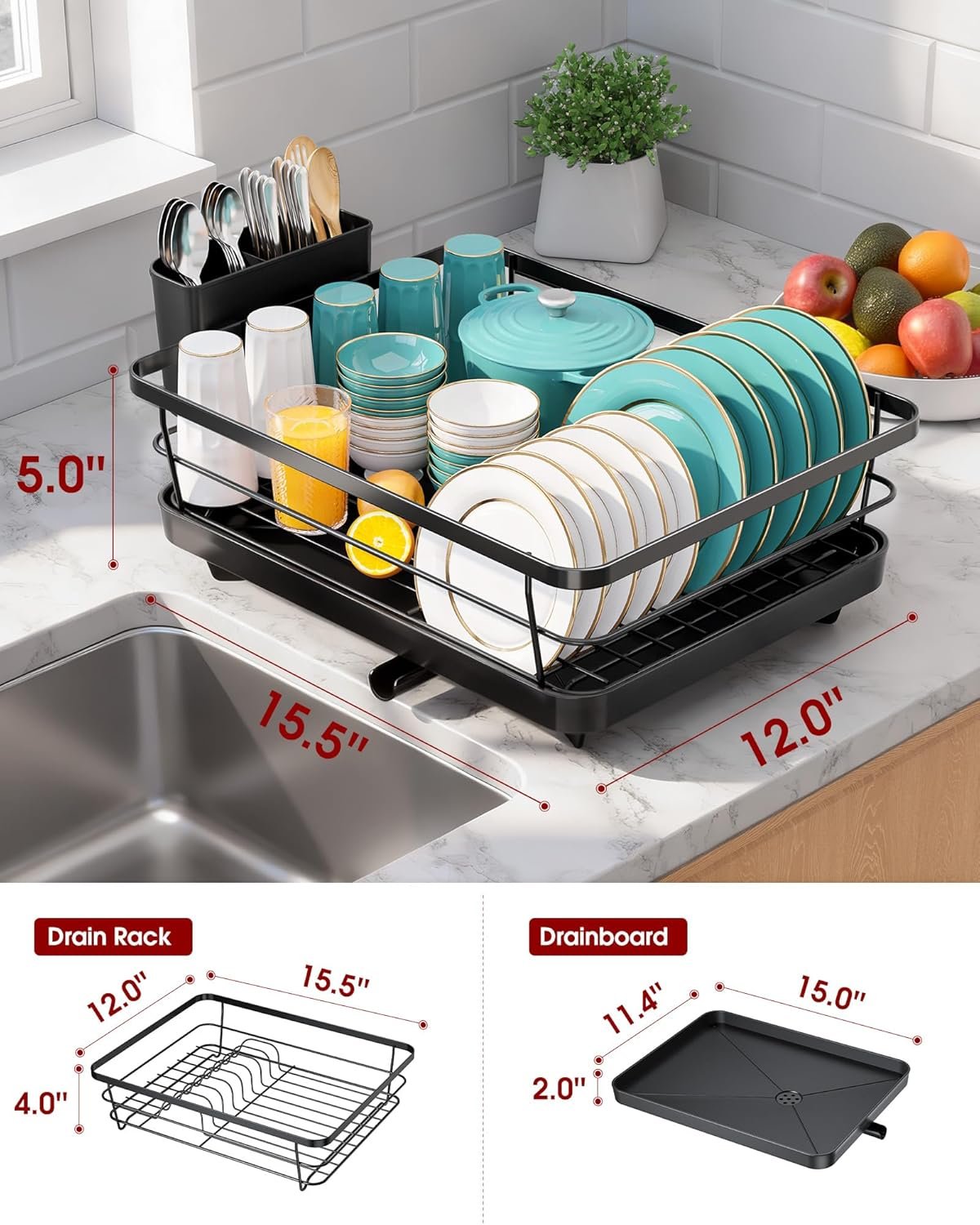 Stainless Steel Dish Drying Rack for Kitchen Counter, Sink Organization and Storage Essentials with Silverware & Utensil Holder, Home and Apartment Decor, 12''W x 15.5''L, Black - Image 5
