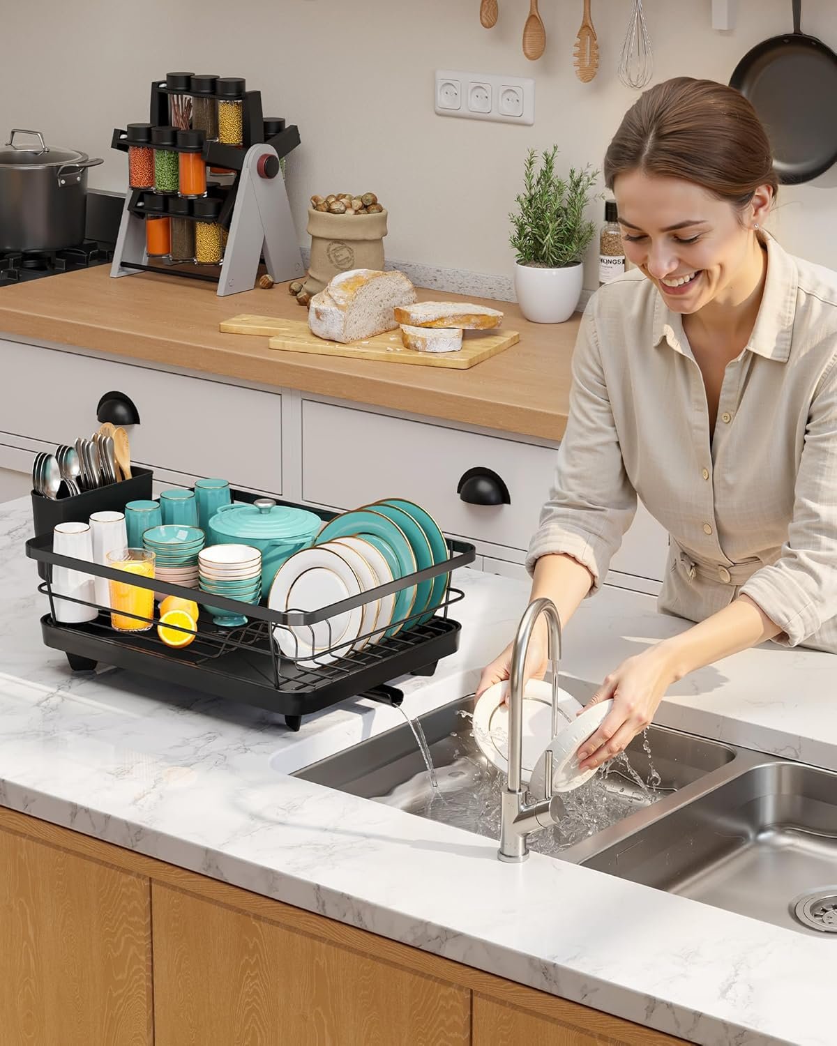 Stainless Steel Dish Drying Rack for Kitchen Counter, Sink Organization and Storage Essentials with Silverware & Utensil Holder, Home and Apartment Decor, 12''W x 15.5''L, Black - Image 7