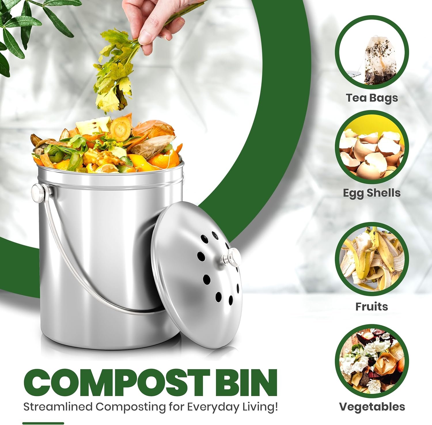 Utopia Kitchen Indoor Compost Bin Kitchen, Odorless Composting with Charcoal Filter, 1.3 Gallon Stainless Steel Large Composter for Countertop & Under Sink, Easy Cleaning, One Extra Filter - (Silver) - Image 3