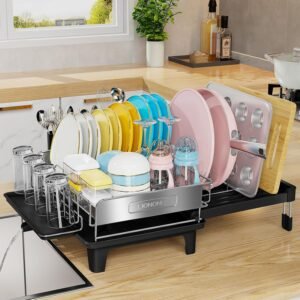 Expandable Dish Drying Rack, Dish Racks for Kitchen Counter, Stainless Steel 304, Flip-Top Retractable Plate, Multi-Directional Adjustable Dish Rack, Space Saving Large Drying Rack Kitchen, Black