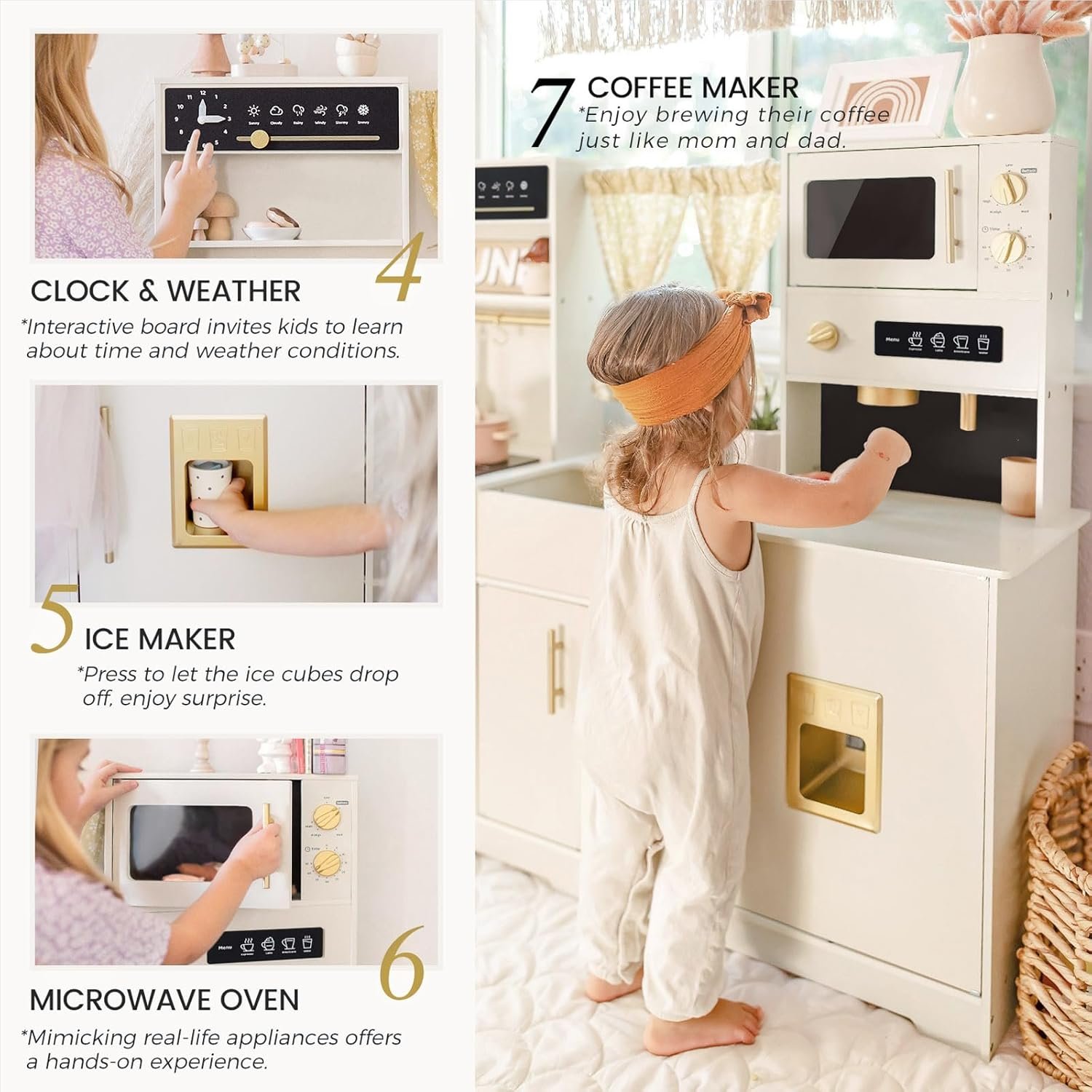 Tiny Land Play Kitchen for Kids, Toy Kitchen Set with Plenty of Play Features, New Modern Kids Wooden Play Kitchen Designed in Trendy Home Style with Curtains, Gift for Ages 3+ - Image 3