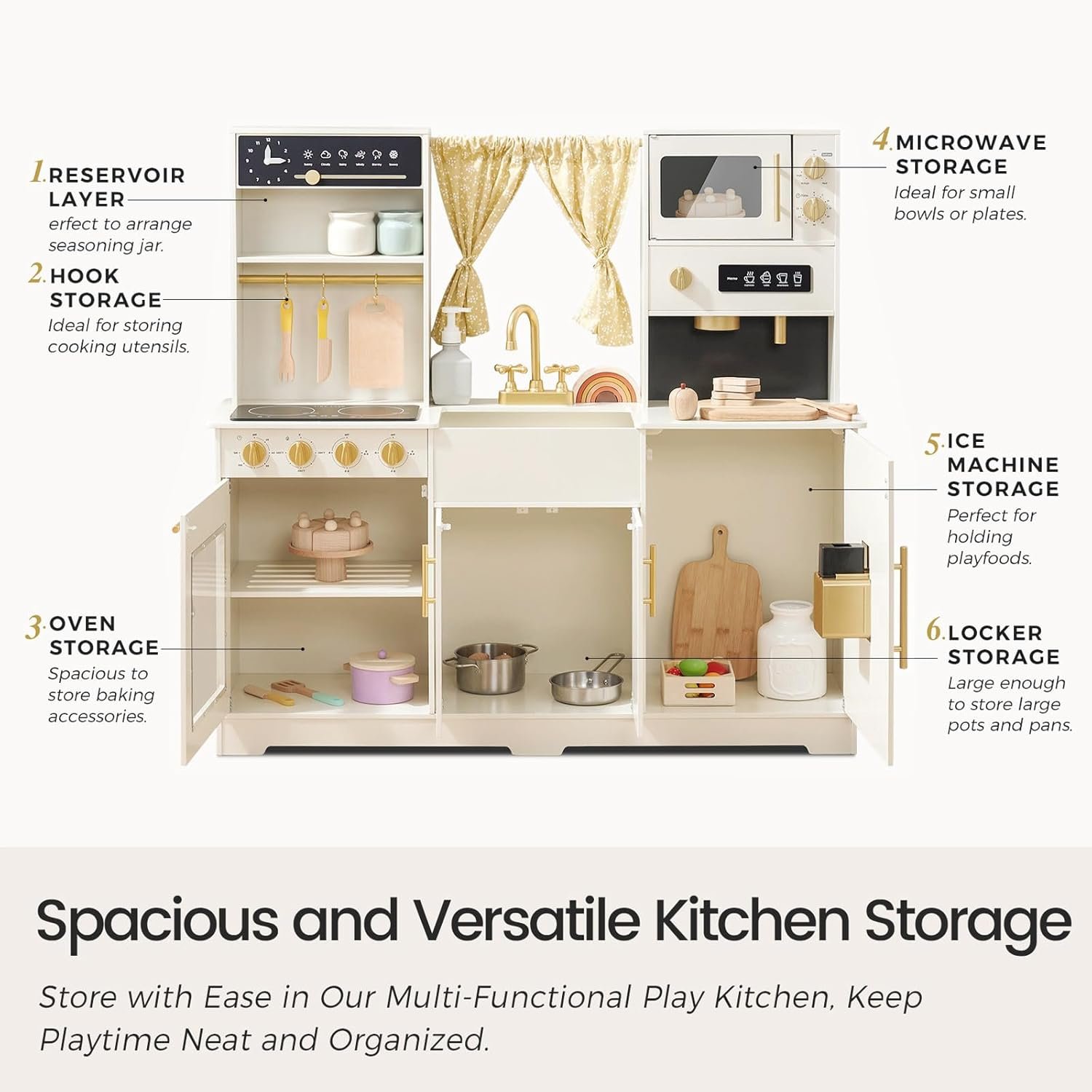 Tiny Land Play Kitchen for Kids, Toy Kitchen Set with Plenty of Play Features, New Modern Kids Wooden Play Kitchen Designed in Trendy Home Style with Curtains, Gift for Ages 3+ - Image 5