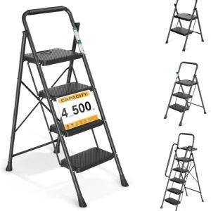 Step Ladder, Folding Step Stool with Wide Anti-Slip Pedals, Sturdy Steel Ladder with Handrail, Space-Saving, Portable for Home & Adults, 4 Step Ladder