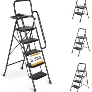 Step Ladder, Folding Step Stool with Wide Anti-Slip Pedals, Sturdy Steel Ladder with Handrail, Space-Saving, Portable for Home & Adults, 5 Step Ladder