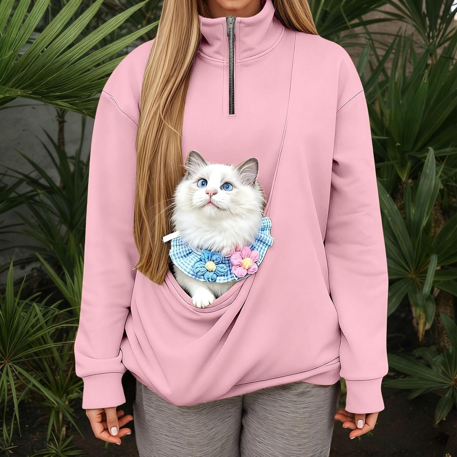 Women's Oversized Fleece Hoodie with Pet Pouch - Kangaroo Pocket Dog Cat Carrier Sweatshirt, Long Sleeve Pullover - Image 3
