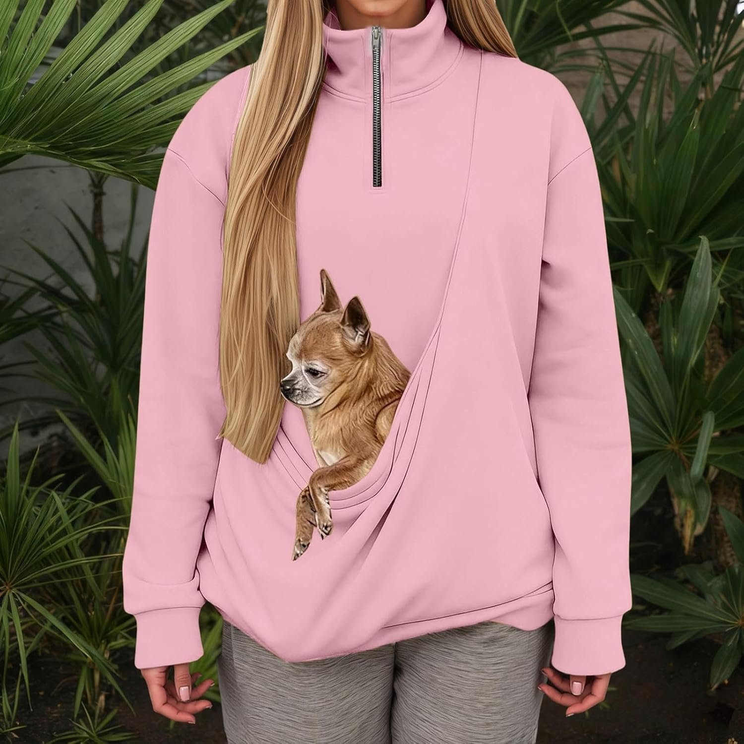 Women's Oversized Fleece Hoodie with Pet Pouch - Kangaroo Pocket Dog Cat Carrier Sweatshirt, Long Sleeve Pullover - Image 4