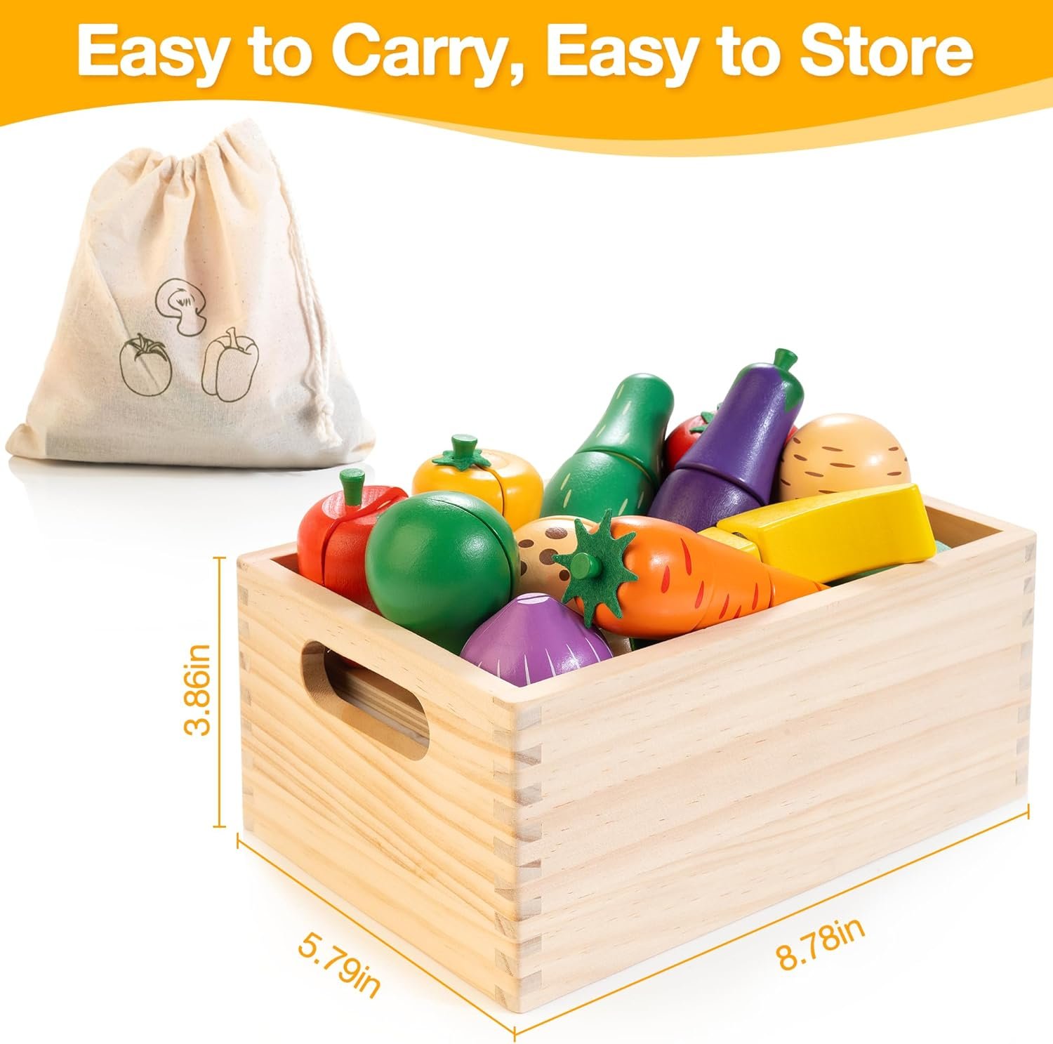 Wooden Play Food for Toddlers, Fruit and Veggies Cutting Set for Kids, Pretend Food Play Kitchen Accessories for 3 4 5 6 7 Years Old Boys & Girls - Image 3