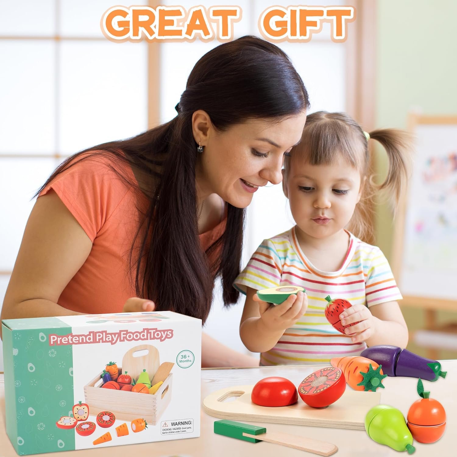 Wooden Play Food for Toddlers, Fruit and Veggies Cutting Set for Kids, Pretend Food Play Kitchen Accessories for 3 4 5 6 7 Years Old Boys & Girls - Image 4