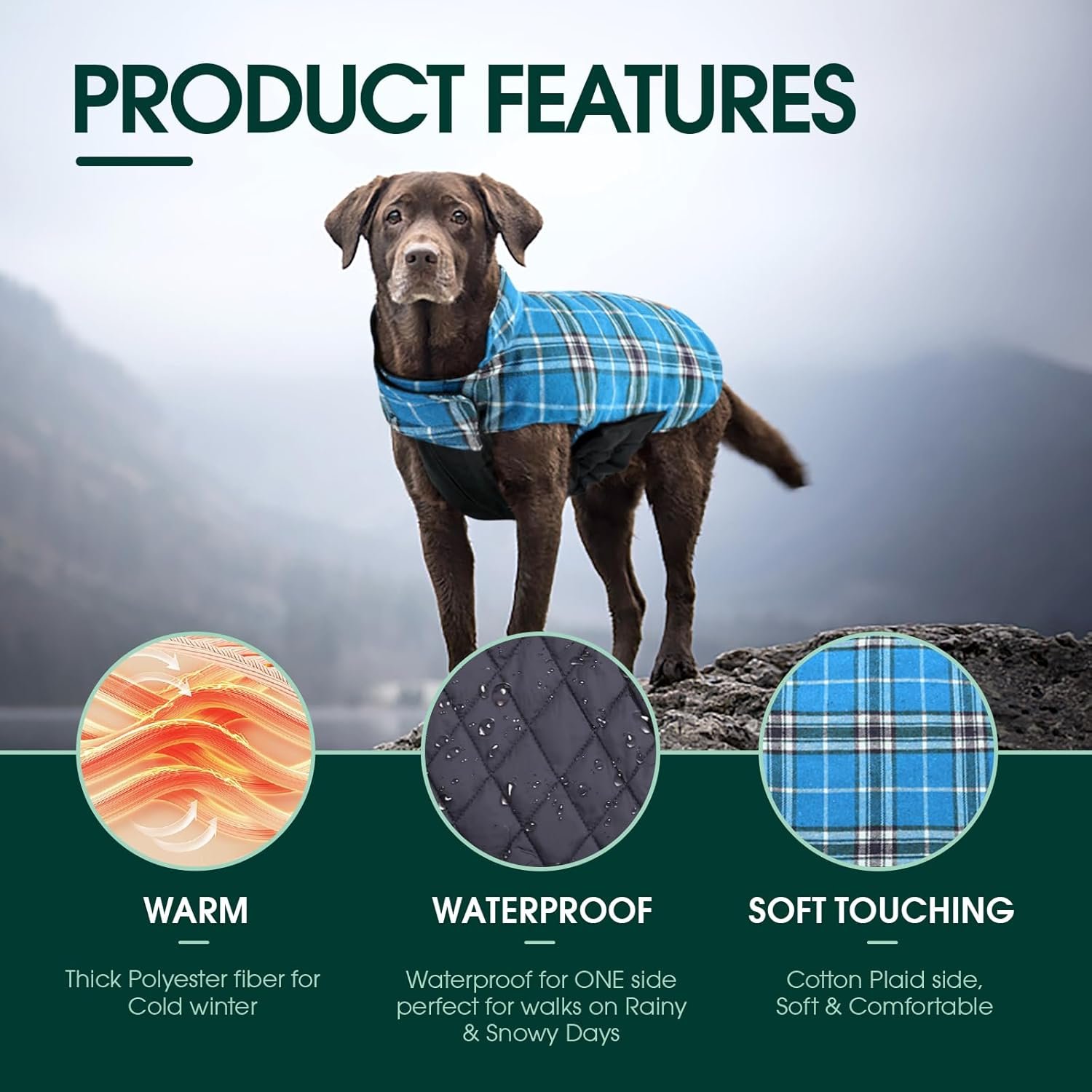 Kuoser Waterproof Dog Coat, Reversible Dog Jacket for Medium Dogs, Adjustable Durable Doggie Winter Coat Warm Puppy Cold Weather Apparel from Small to Large Breed, Blue M - Image 3