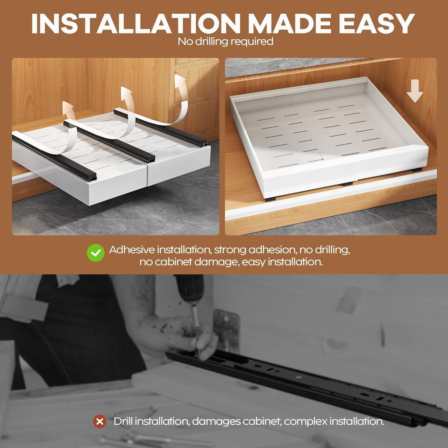 2Pack Expandable Pull Out Cabinet Organizer 21"Deep With Raising Pad for Framed Cabinets, Upgrade 3 Slide Rails Slide Out Drawers, Roll Out Shelves Adhesive,Adjustable Width 12.05"-20.4"White - Image 6