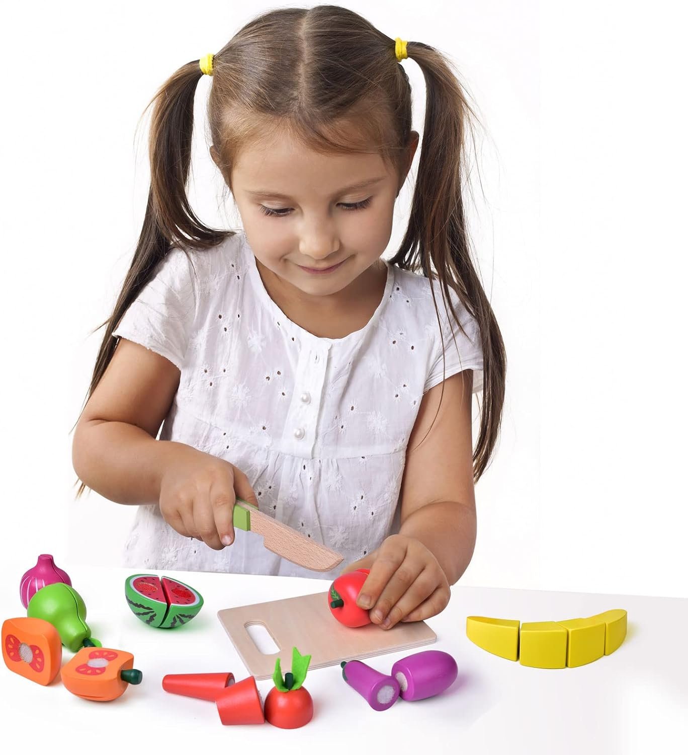 FUN LITTLE TOYS 35PCS Wooden Play Food for Kids Kitchen, Pretend Cutting Food Toys with Wooden Tray, Dishes and Knife for Kids, Pretend Play Food for Christmas Birthday Gifts - Image 3