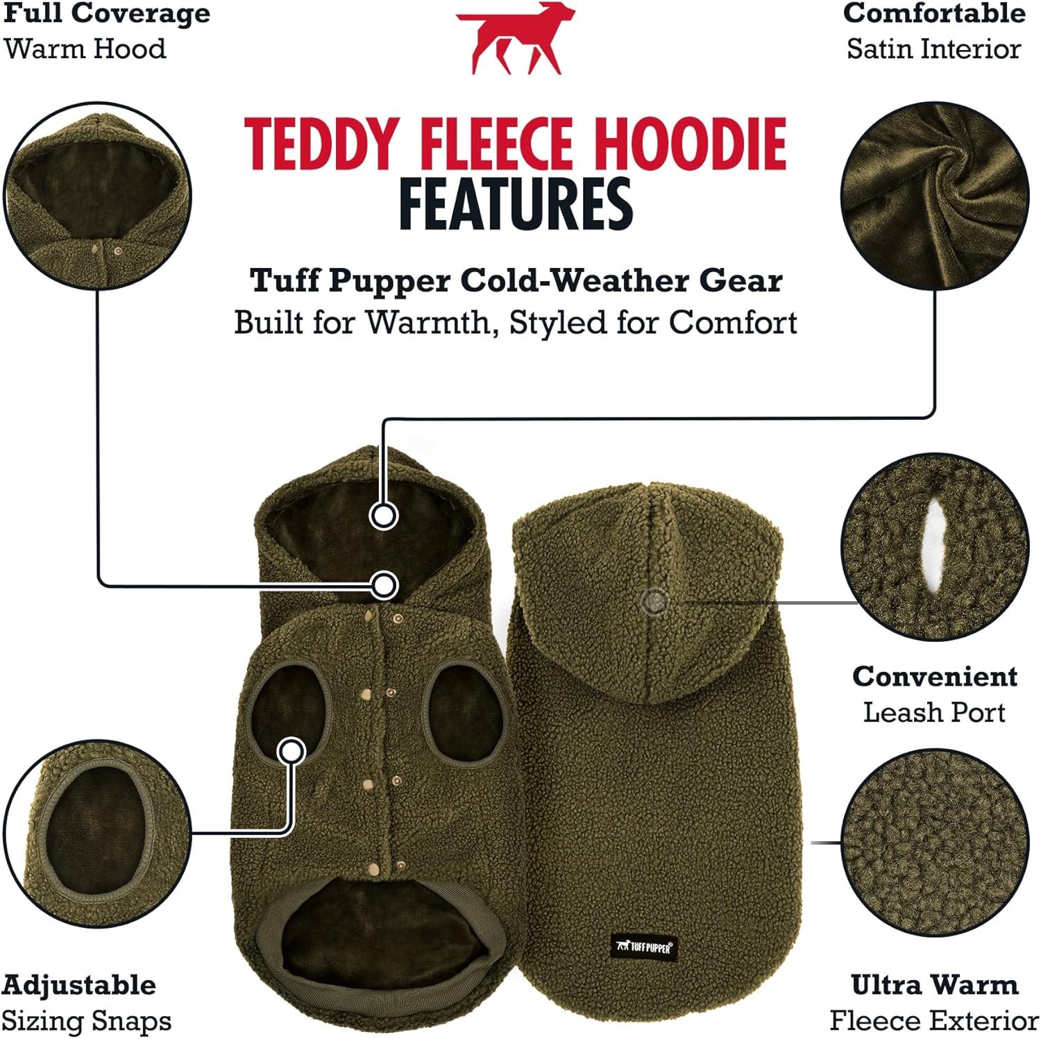 Tuff Pupper Fleece Dog Hoodie Sweater | Teddy Sherpa Outer & Soft Polar Fleece Lining | Adjustable Fit Winter Coat with Hood, Leash Hole, Ribbed Cuffs | For Small Medium Large XL XXL Dogs (Olive, XXS) - Image 3