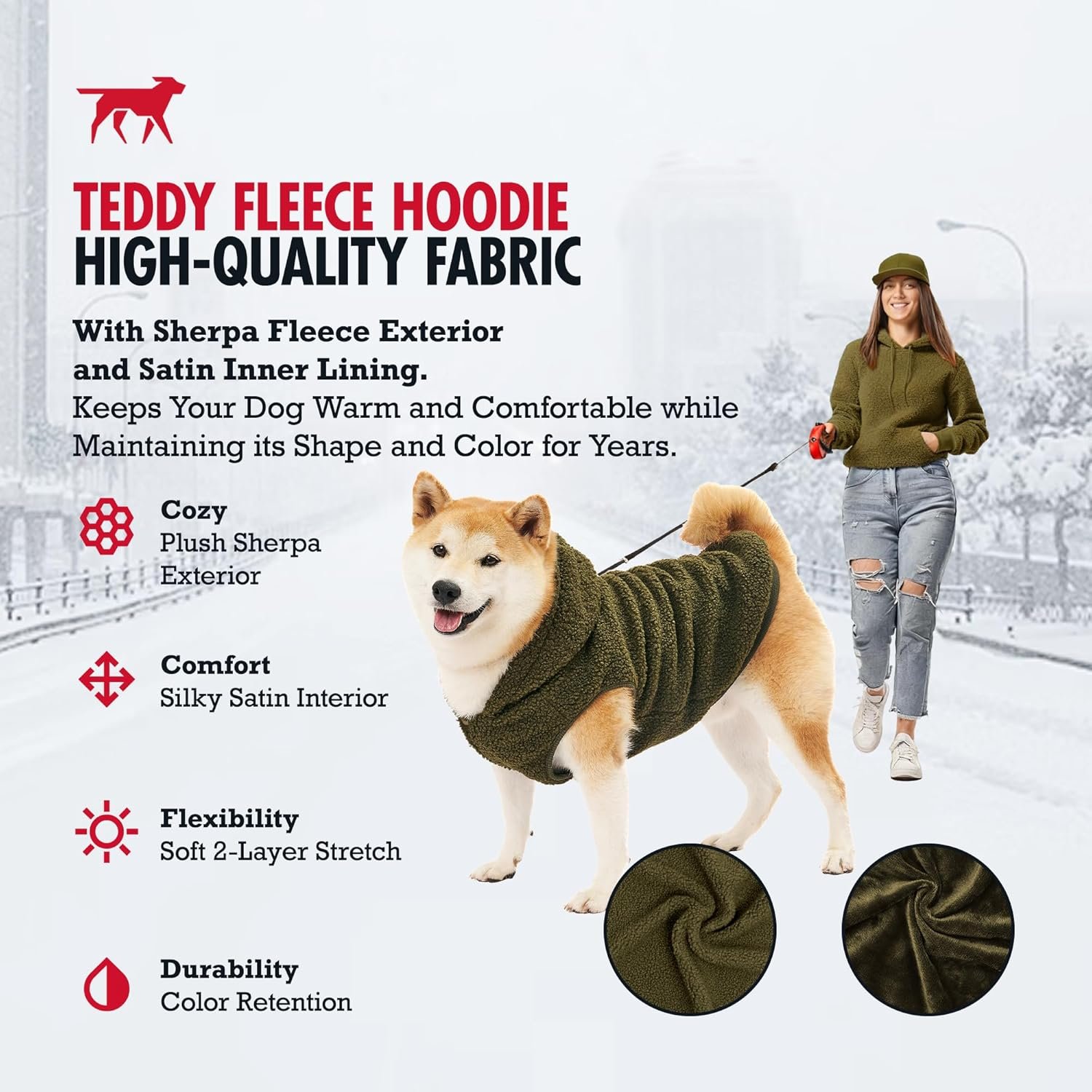 Tuff Pupper Fleece Dog Hoodie Sweater | Teddy Sherpa Outer & Soft Polar Fleece Lining | Adjustable Fit Winter Coat with Hood, Leash Hole, Ribbed Cuffs | For Small Medium Large XL XXL Dogs (Olive, XXS) - Image 4