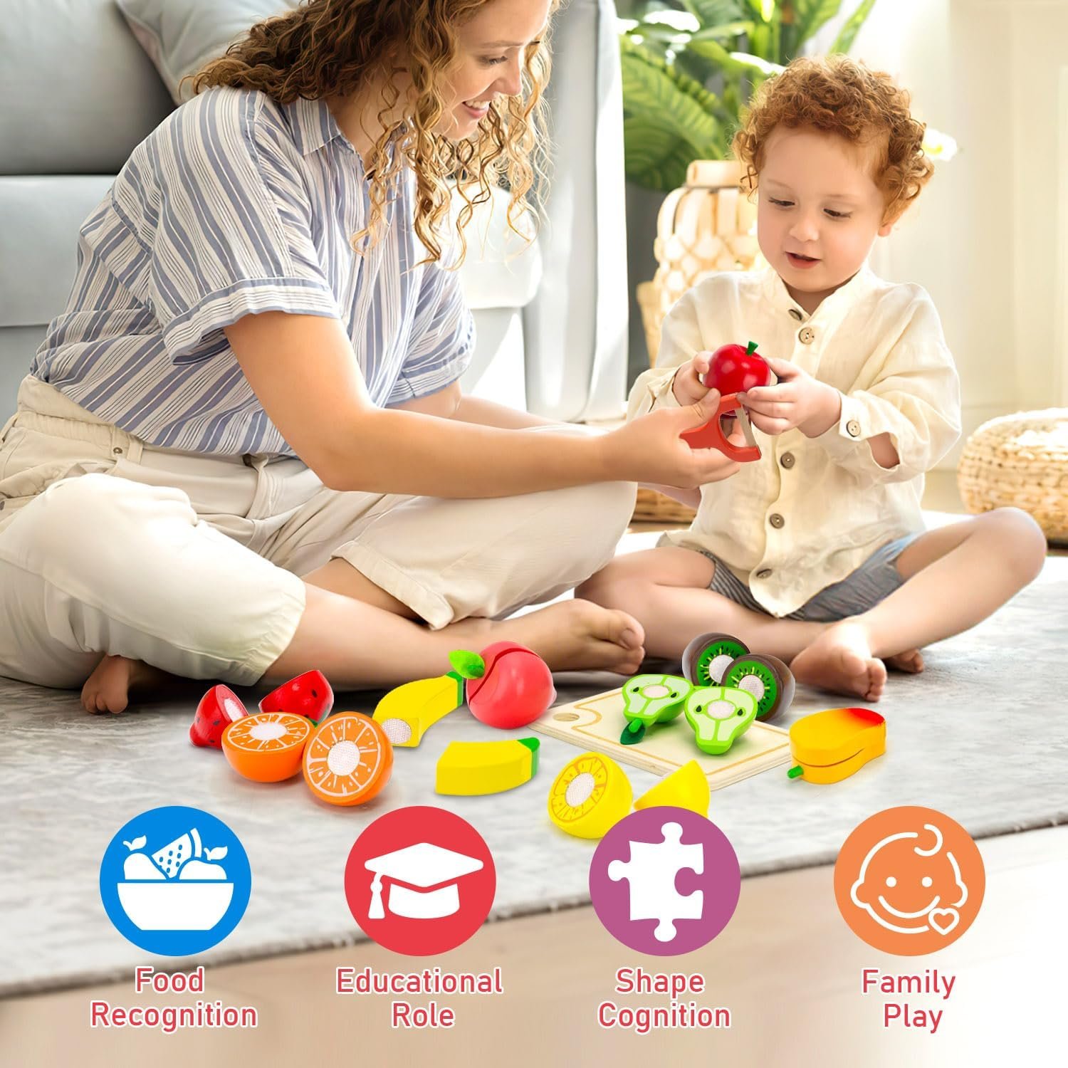 Wooden Play Food Set for Toddlers Toys Pretend Play Kitchen Accessories Fruit Cutting Set for Kids Gift for Boys Girls Montessori Educational Toys - Image 3