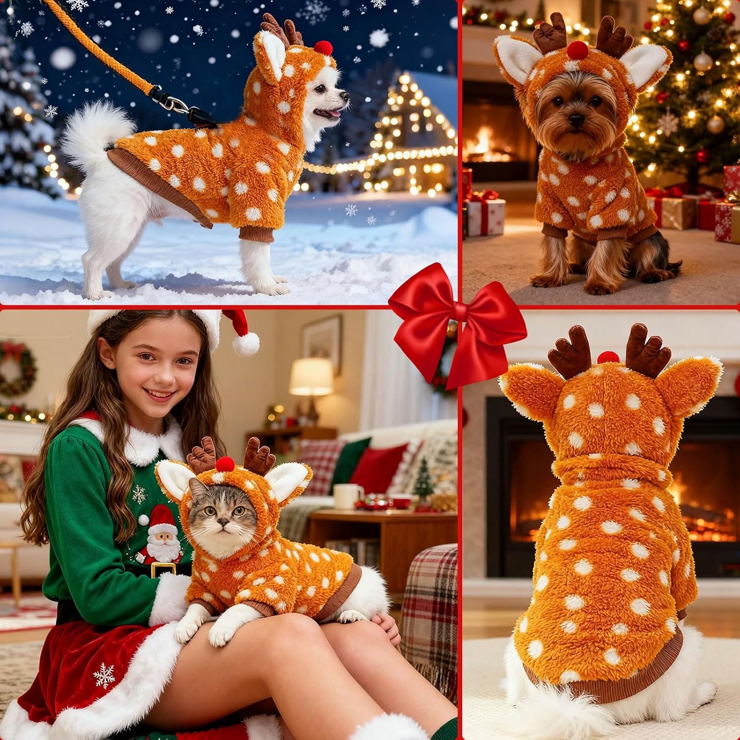 Christmas Dog Sweater with Hood Elk Costume Hoodie Soft Fleece Winter Warm Puppy Clothes for Small Dogs XS-XXL, Christmas Outfit for Cats & Dogs(Brown,Moose,Small) - Image 4