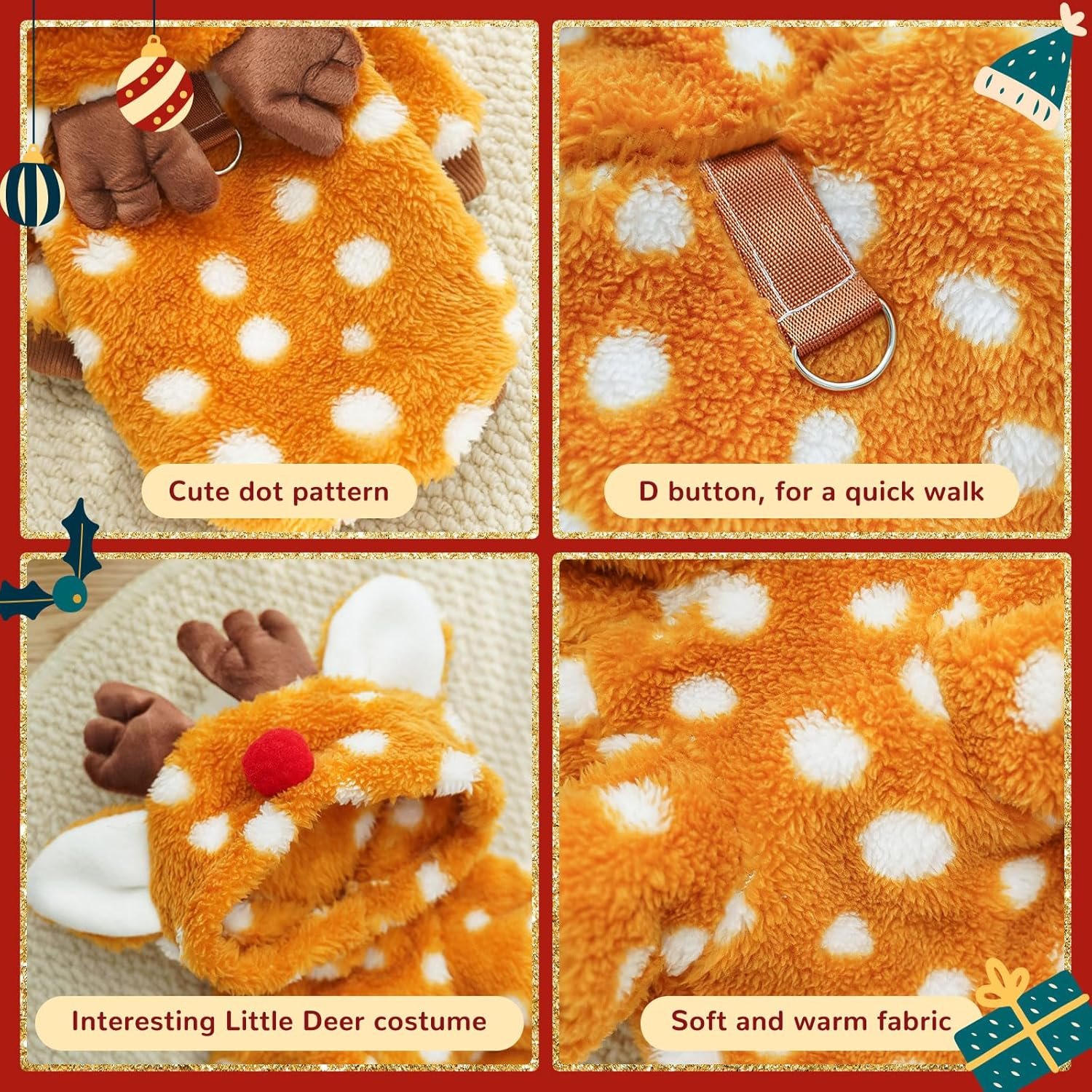 Christmas Dog Sweater with Hood Elk Costume Hoodie Soft Fleece Winter Warm Puppy Clothes for Small Dogs XS-XXL, Christmas Outfit for Cats & Dogs(Brown,Moose,Small) - Image 6