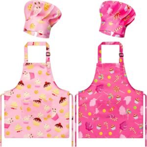 GROBRO7 4Pcs Kids Apron and Chef Hat Set Gift for Girls Boys, Cookie Cupcake Candy Prints Kitchen Pretend Play Child Pink Adjustable Aprons with 2 Pockets Waterproof Smocks for Baking Cooking Painting