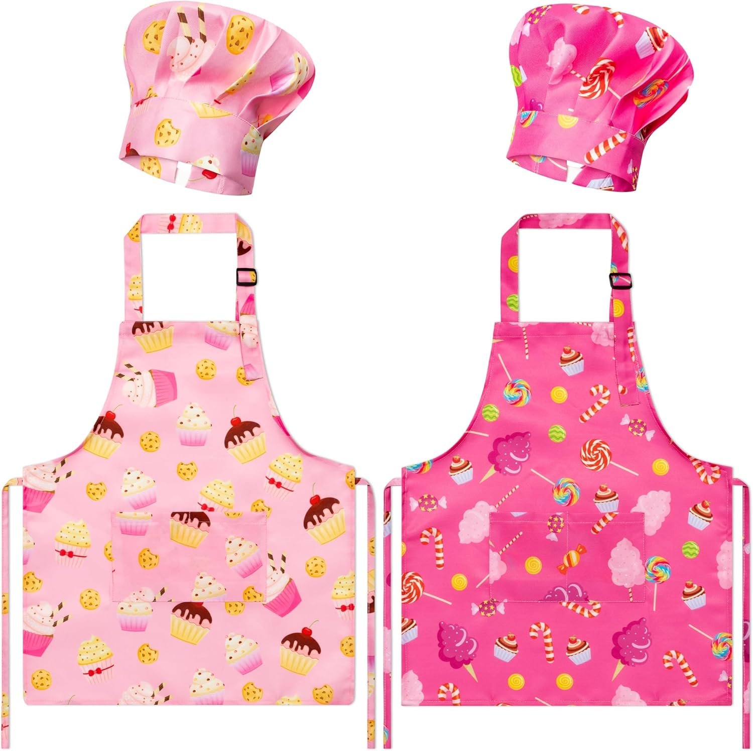 GROBRO7 4Pcs Kids Apron and Chef Hat Set Gift for Girls Boys, Cookie Cupcake Candy Prints Kitchen Pretend Play Child Pink Adjustable Aprons with 2 Pockets Waterproof Smocks for Baking Cooking Painting
