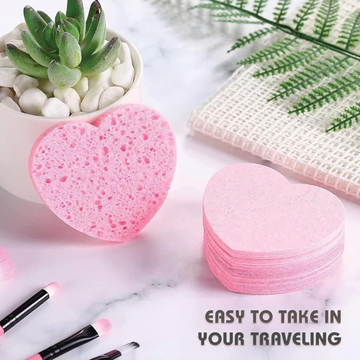 60-Count Compressed Facial Sponges, 100% Natural Cosmetic Spa Sponges for Facial Cleansing, Exfoliating Mask (Pink Heart) - Image 4
