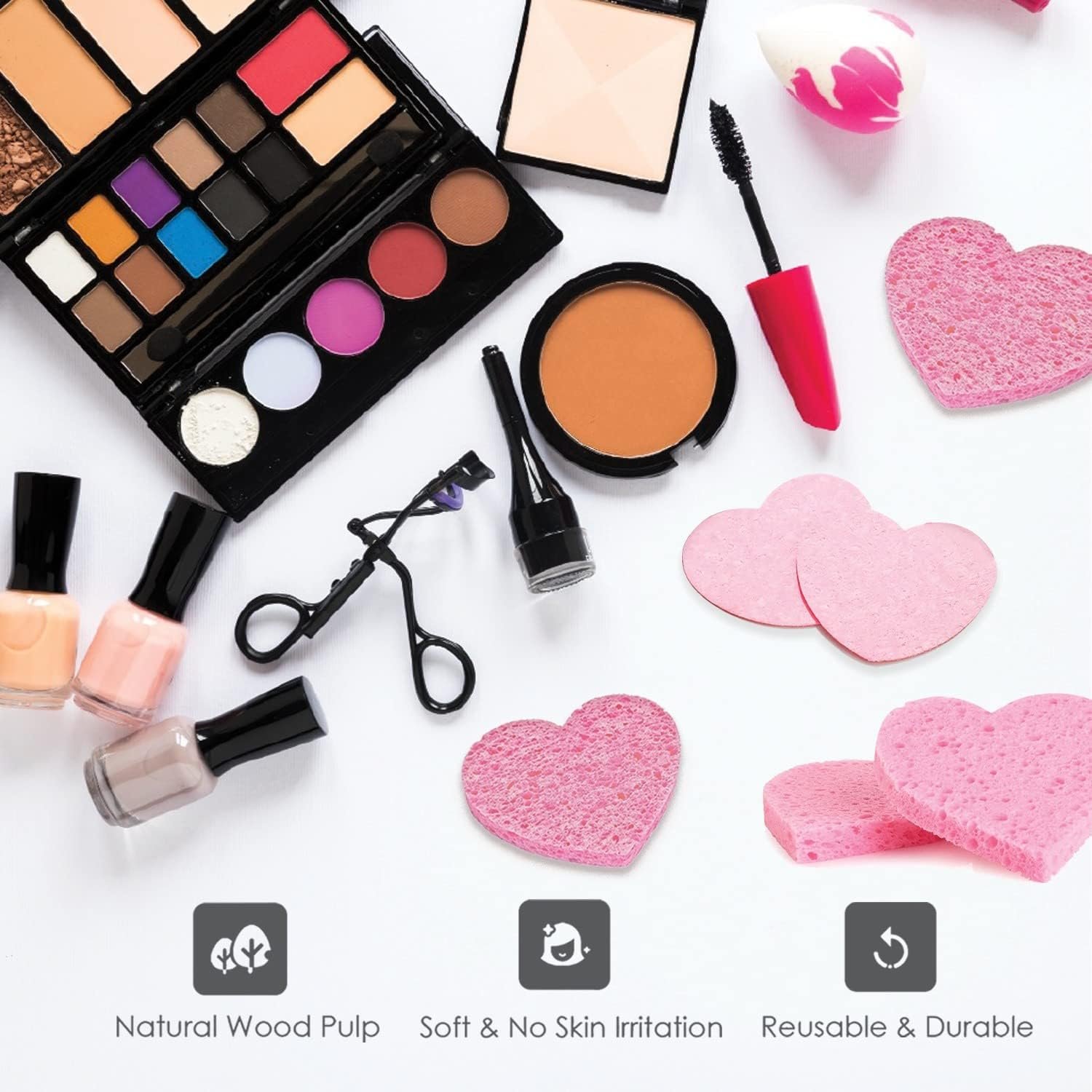 60-Count Compressed Facial Sponges, 100% Natural Cosmetic Spa Sponges for Facial Cleansing, Exfoliating Mask (Pink Heart) - Image 5