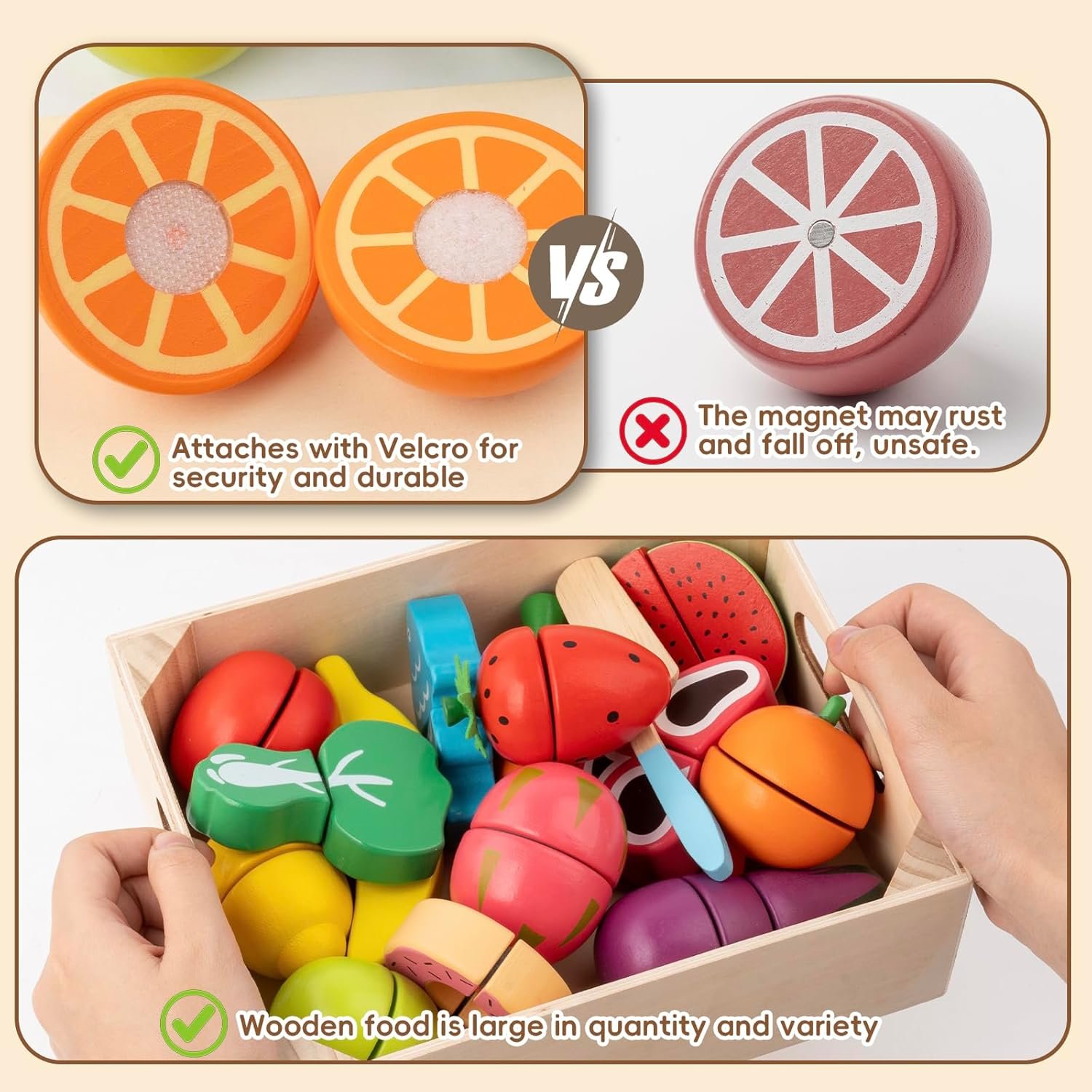 Wooden Play Food for Toddlers - 34Pcs Velcro Fruit and Veggies with Basket & Chopping Board, Play Food Sets for Kids Kitchen Accessories, Cutting Fruit Set for Ages 3+ - Image 3