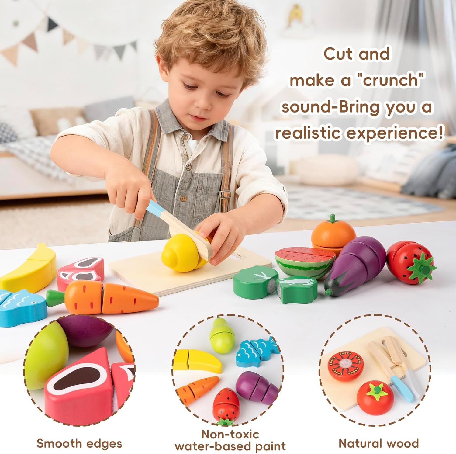 Wooden Play Food for Toddlers - 34Pcs Velcro Fruit and Veggies with Basket & Chopping Board, Play Food Sets for Kids Kitchen Accessories, Cutting Fruit Set for Ages 3+ - Image 4