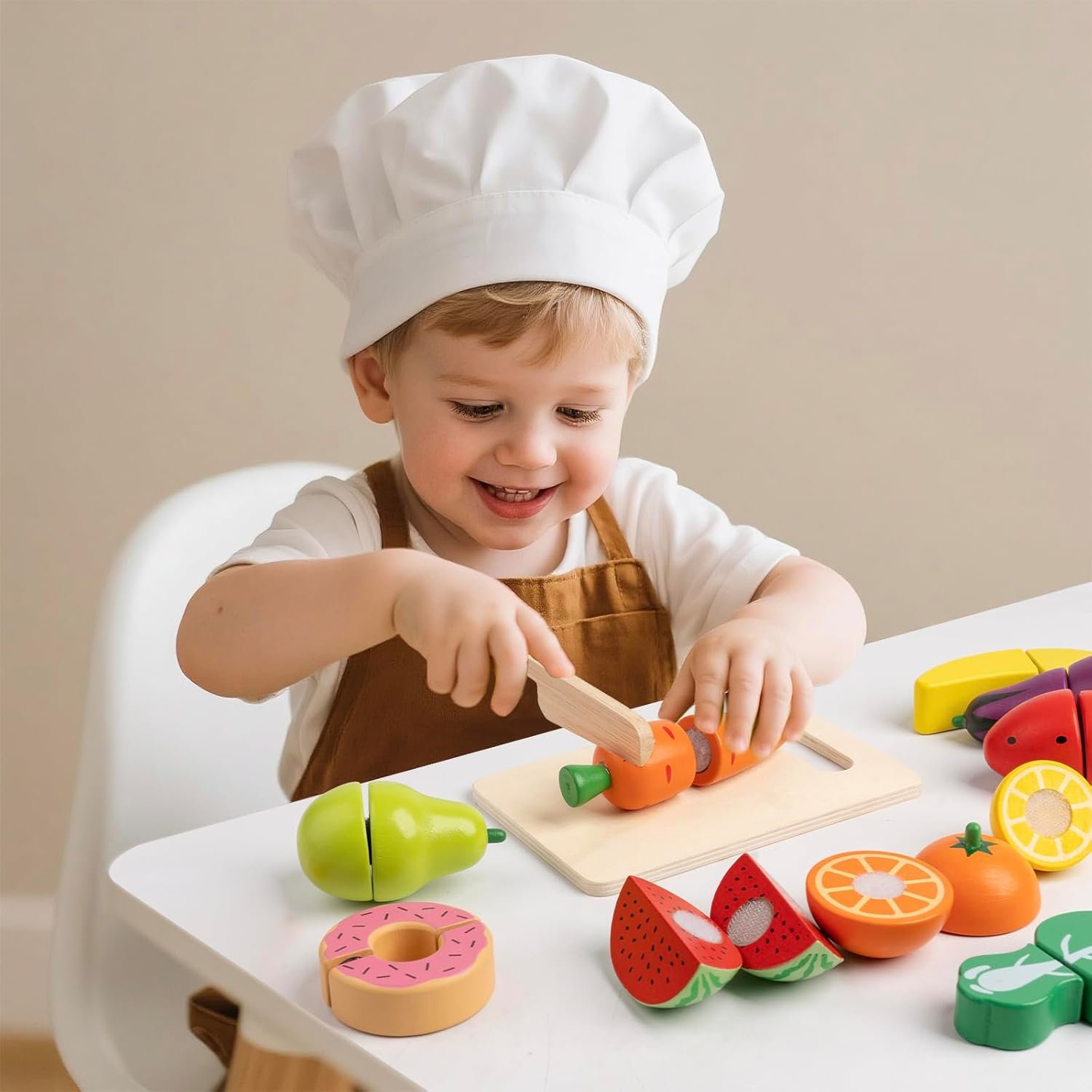 Wooden Play Food for Toddlers - 34Pcs Velcro Fruit and Veggies with Basket & Chopping Board, Play Food Sets for Kids Kitchen Accessories, Cutting Fruit Set for Ages 3+ - Image 6