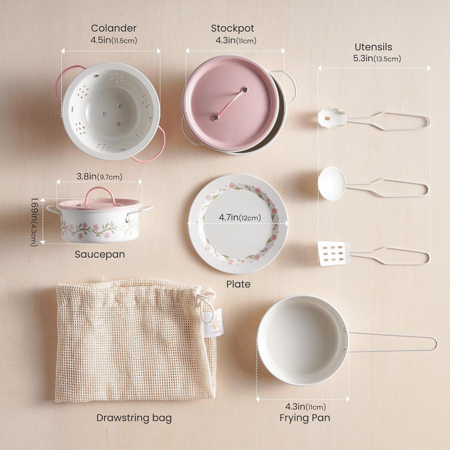 ROBUD Play Pots and Pans Sets for Kids Kitchen, Play Kitchen Accessories Pretend Cooking, Cartoon Pink Metal Pots and Pans Metal, Kids Kitchen Playset, Mini Toy Kitchen Accessories(9 Pieces) - Image 3