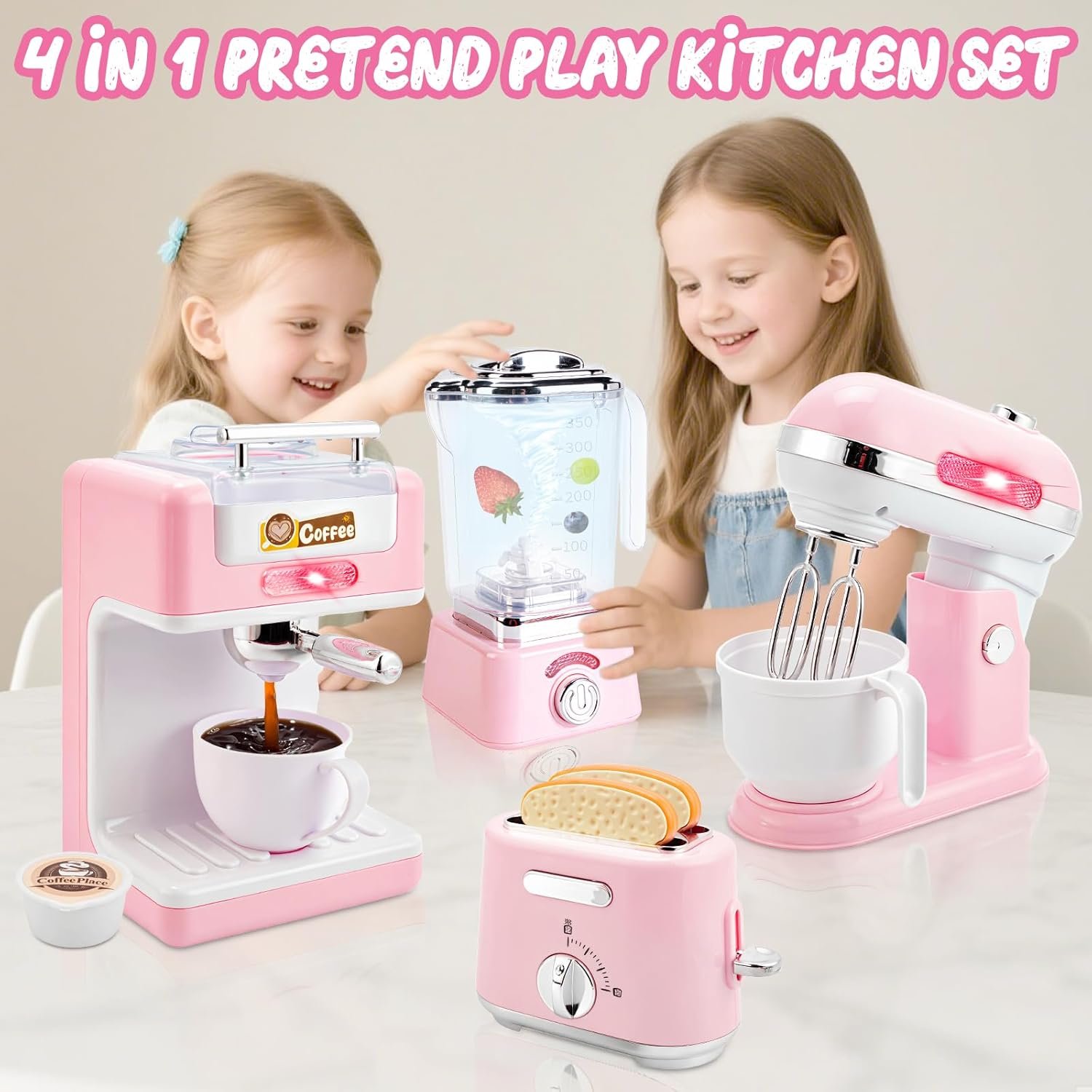 Kids Play Kitchen Accessories Toys Set,Prented Play Kitchen Appliances Playset,Blender,Coffee Maker,Mixer,Toaster with Light & Sound,Kitchen Sets for Kids Age 4-8,Pink Kitchen Toys for Toddler Girls - Image 5