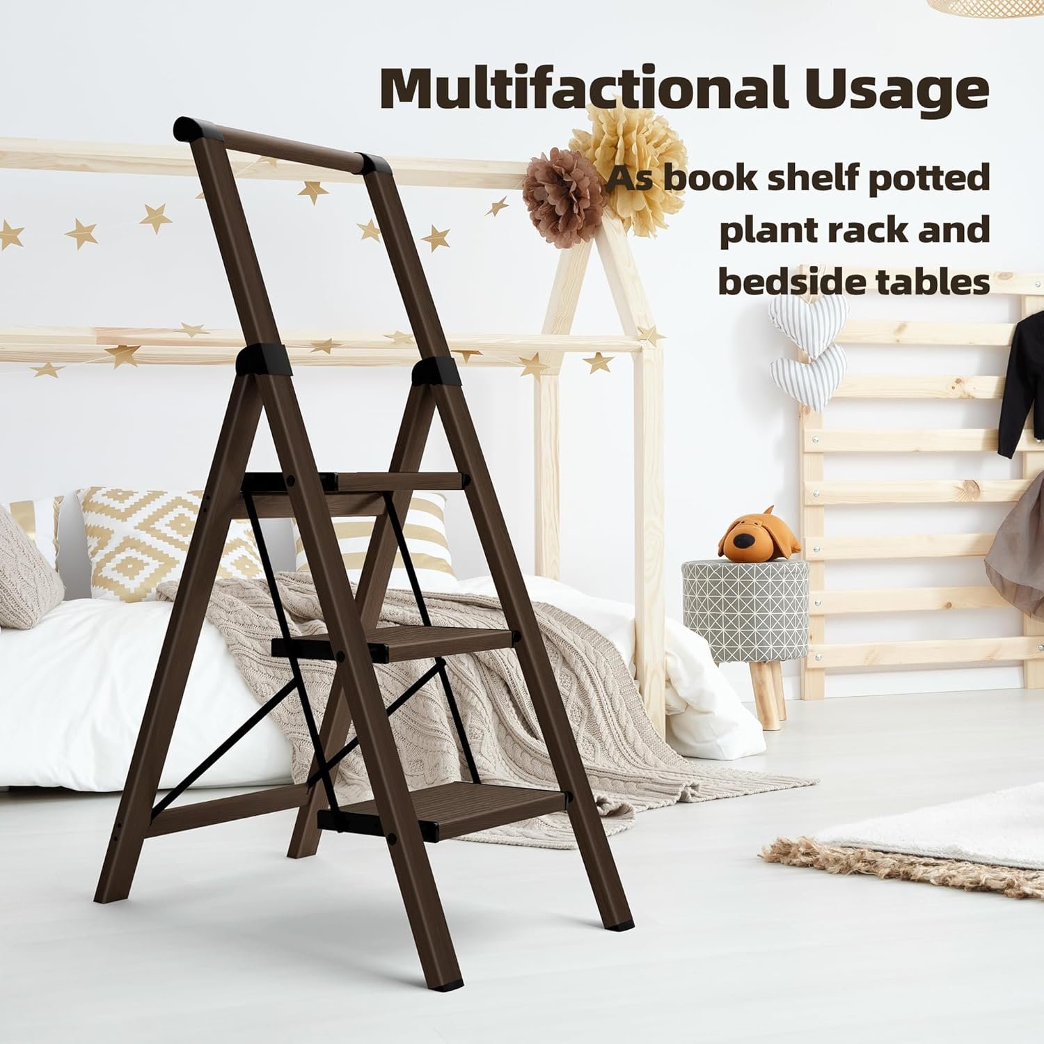 HillhutApex 3 Step Foldable Aluminum Step Ladder with Handgrip, Anti-Slip Pedal, 330lbs Capacity, Lightweight & Portable for Home, Kitchen, Office, Garage (Walnut) - Image 3