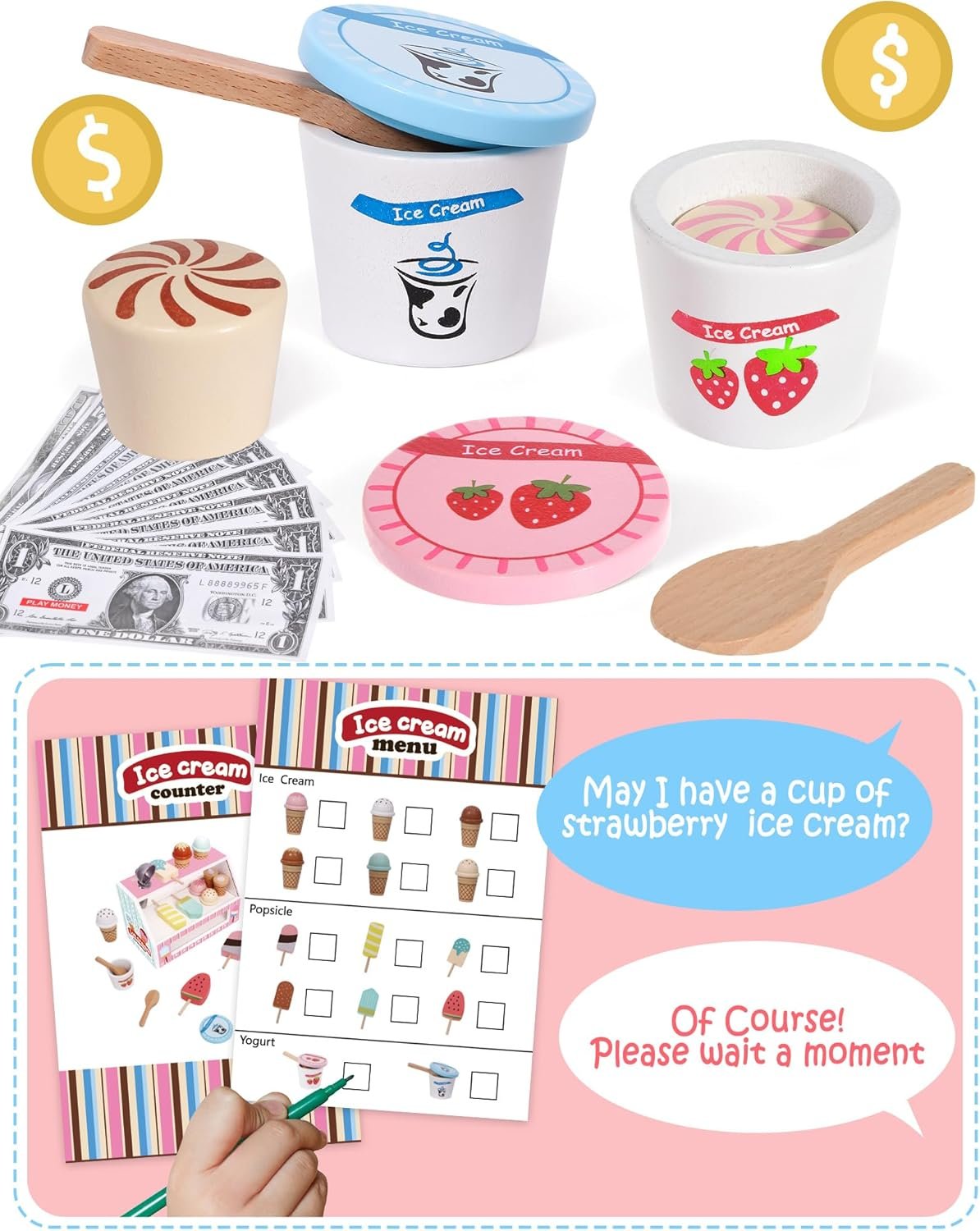 Wooden Ice Cream Toys Kids Kitchen Play Store for Toddlers Girls, Play Kitchen Accessories with Scoop & Menu & Fake Money, Wooden Toys for 3 4 5 Year Old Girls Boys Birthday - Image 3