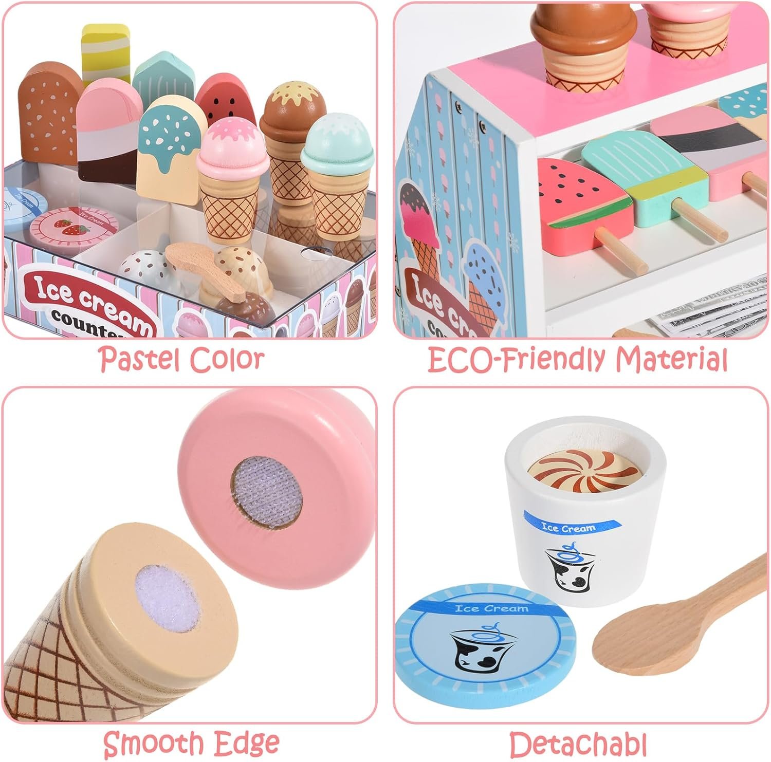 Wooden Ice Cream Toys Kids Kitchen Play Store for Toddlers Girls, Play Kitchen Accessories with Scoop & Menu & Fake Money, Wooden Toys for 3 4 5 Year Old Girls Boys Birthday - Image 4