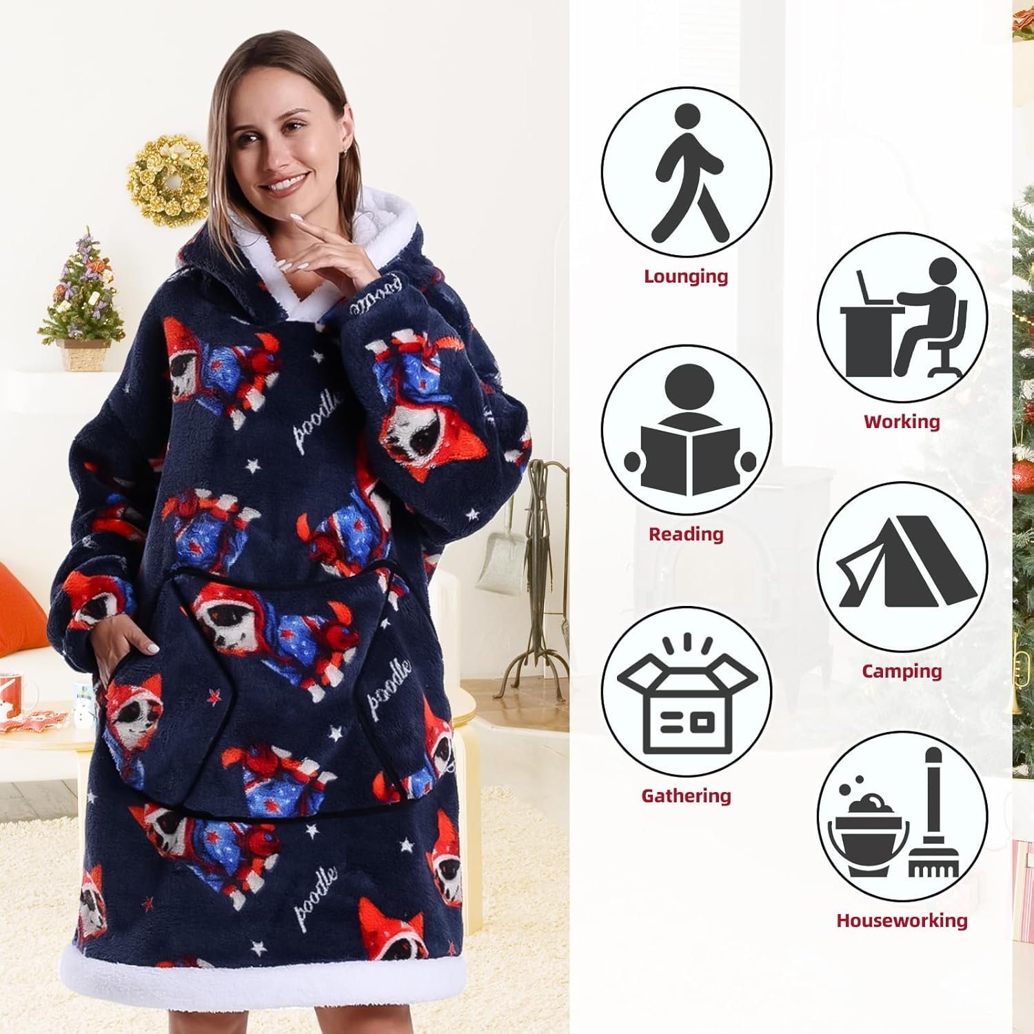 Wearable Blanket Oversized Hooded Blanket for Women Sweatshirt Warm and Cozy Christmas Birthday Gifts with Pet Print Plush Medium Poodle - Image 3