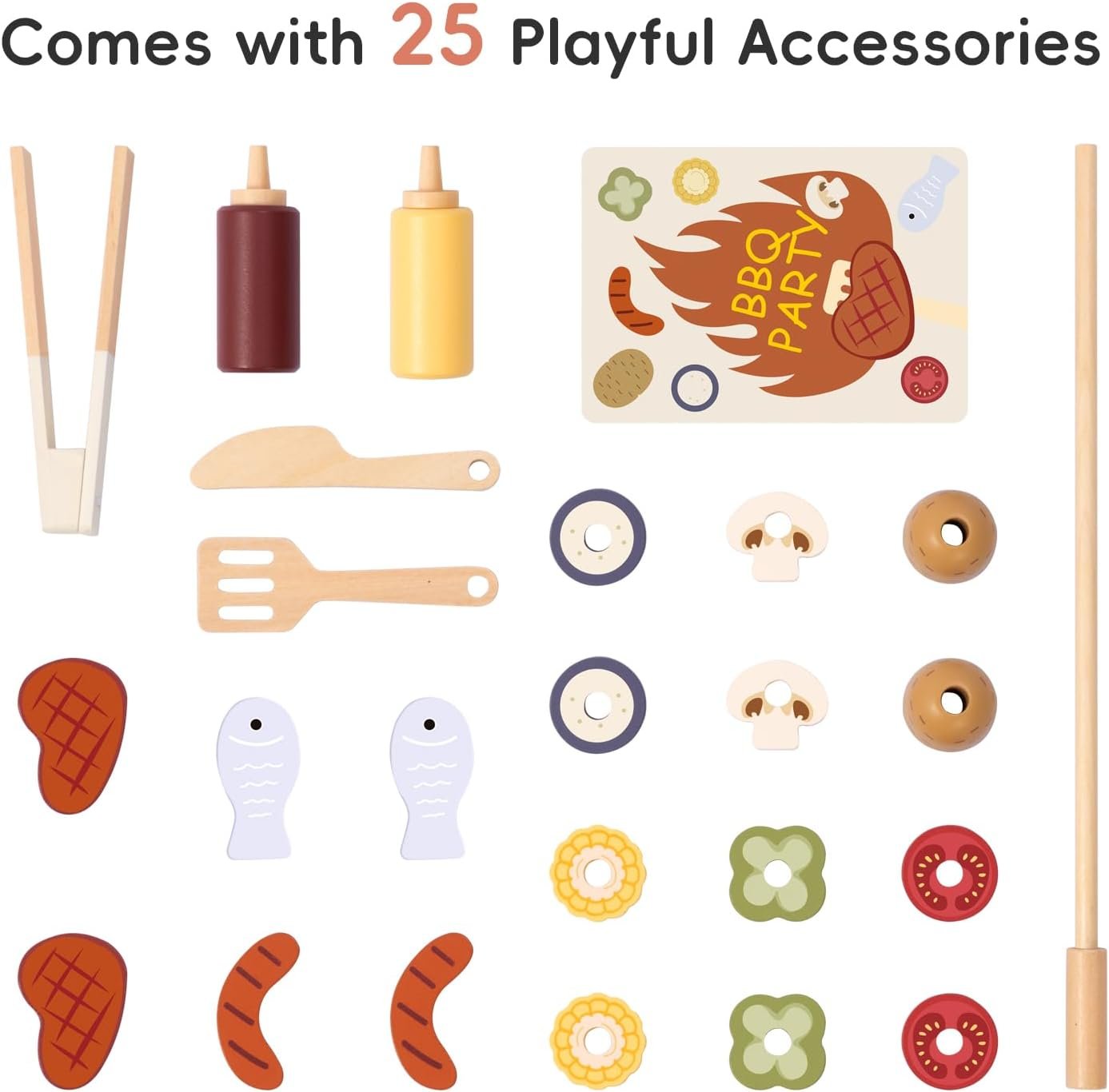 OOOK Wooden Kids BBQ Grill Playset, Play Barbecue Toy Grill with 25 PCS Toy Food and Grilling Tools, Play Kitchen Accessories for Toddlers Boys Girls Age 3+ - Image 3