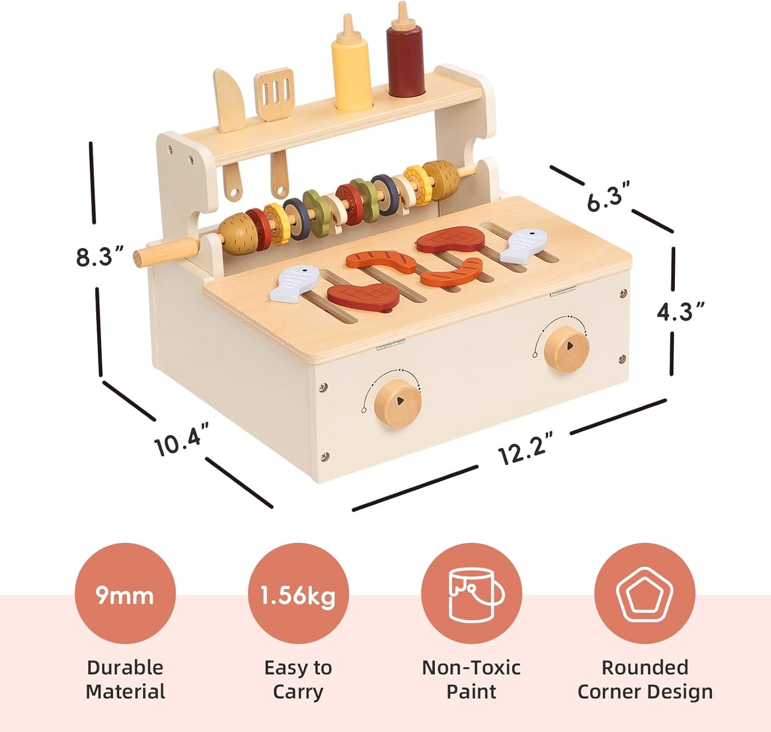 OOOK Wooden Kids BBQ Grill Playset, Play Barbecue Toy Grill with 25 PCS Toy Food and Grilling Tools, Play Kitchen Accessories for Toddlers Boys Girls Age 3+ - Image 4